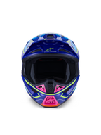 Alpinestars S-M7 Cast Helmet ECE 22.06, Motocross Helmet, Blue Pink and Yellow Fluo Glossy, front-facing view showing aggressive aerodynamic shell, ventilated chin guard with pink accents, and wide eye port for off-road racing