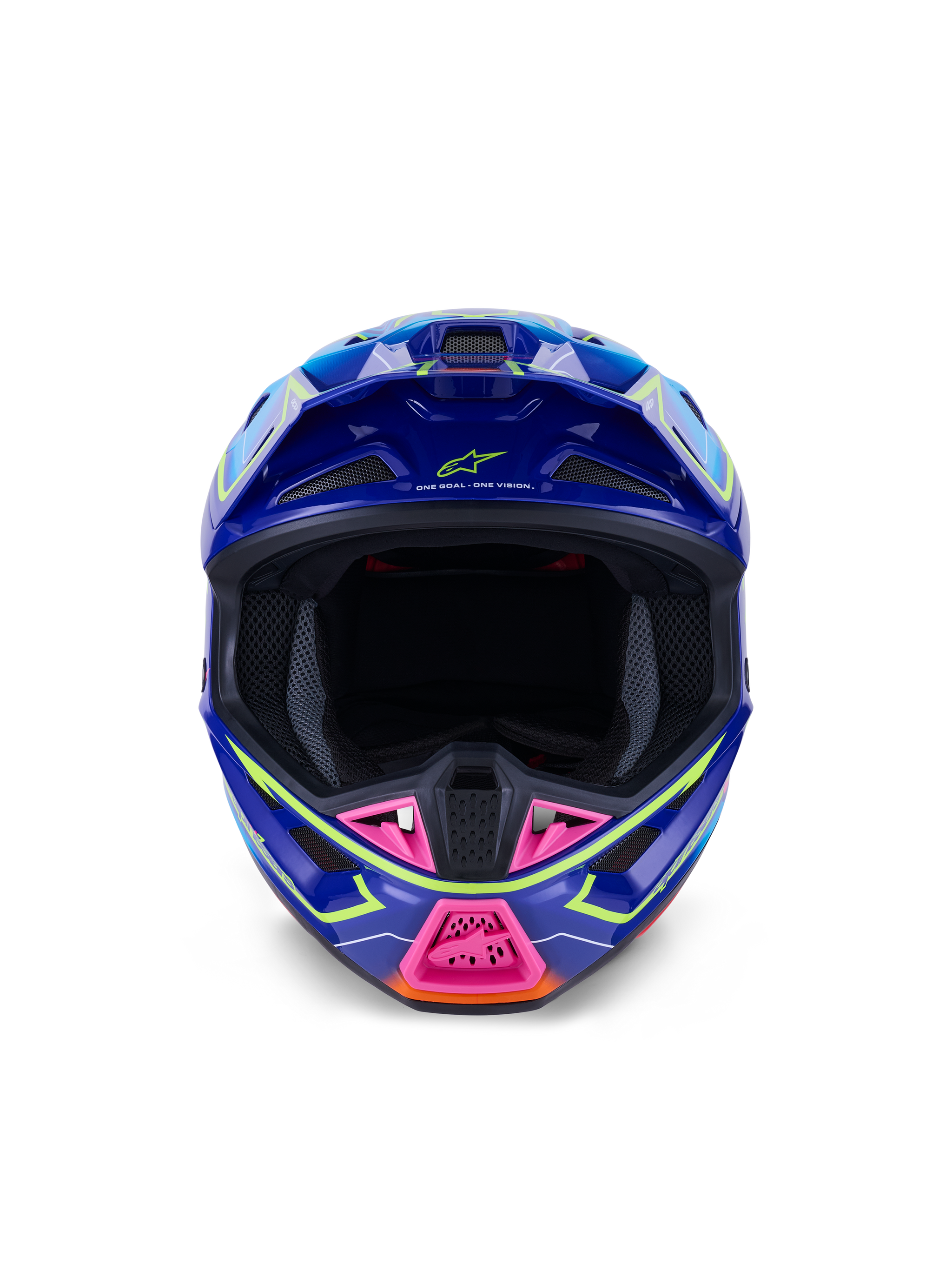 Alpinestars S-M7 Cast Helm ECE 22.06, motorcrosshelm, blauw, roze en geel fluo glanzend, vooraanzicht met agressieve aerodynamische schaal, geventileerde kinbescherming met roze accenten en brede oogopening voor off-road racen