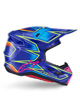 Alpinestars S-M7 Cast helm, motorcrosshelm, blauw, roze en fluogeel glanzend, zijaanzicht met opvallende geometrische patronen, roze Alpinestars-logo en geventileerde aerodynamische schaal.