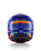 Alpinestars S-M7 Cast Helmet ECE 22.06, Motocross Helmet, Blue Pink and Yellow Fluo Glossy, rear view showing 'One Goal. One Vision.' slogan, aerodynamic composite shell with integrated ventilation ports and vibrant neon accents
