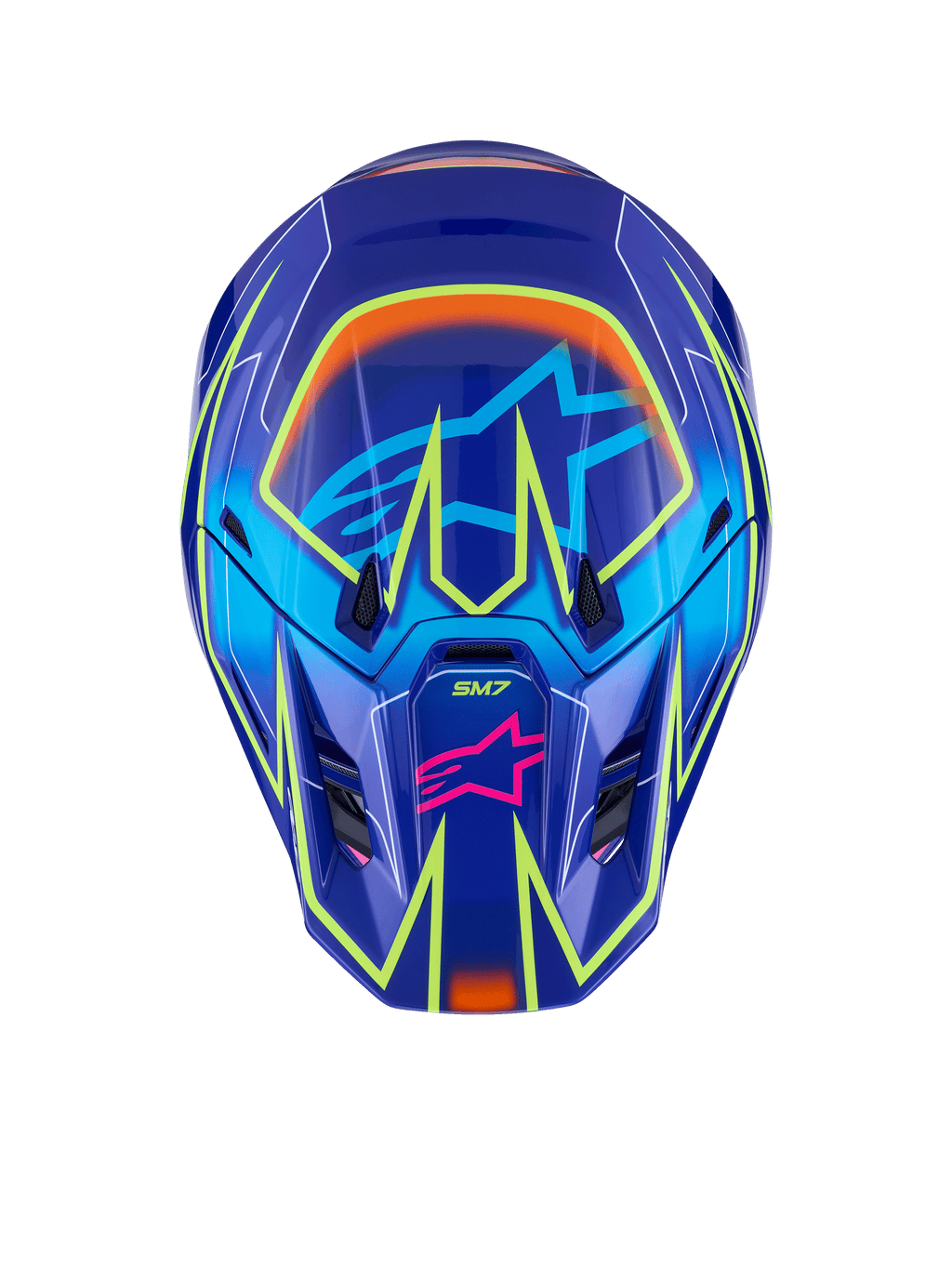 Alpinestars S-M7 Cast Helmet, Motocross Helmet, Blue Pink and Yellow Fluo Glossy, front view featuring vibrant yellow fluo geometric lines, pink Alpinestars star logo on the chin bar, and light blue star logo on the visor area, aerodynamic shell design for off-road racing