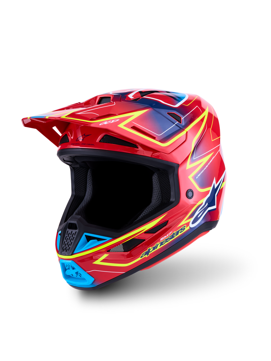 Alpinestars S-M7 Cast helm, rood met fluo geel en blauw, motocrosshelm, ECE 22.06-gecertificeerde lichte schaal.