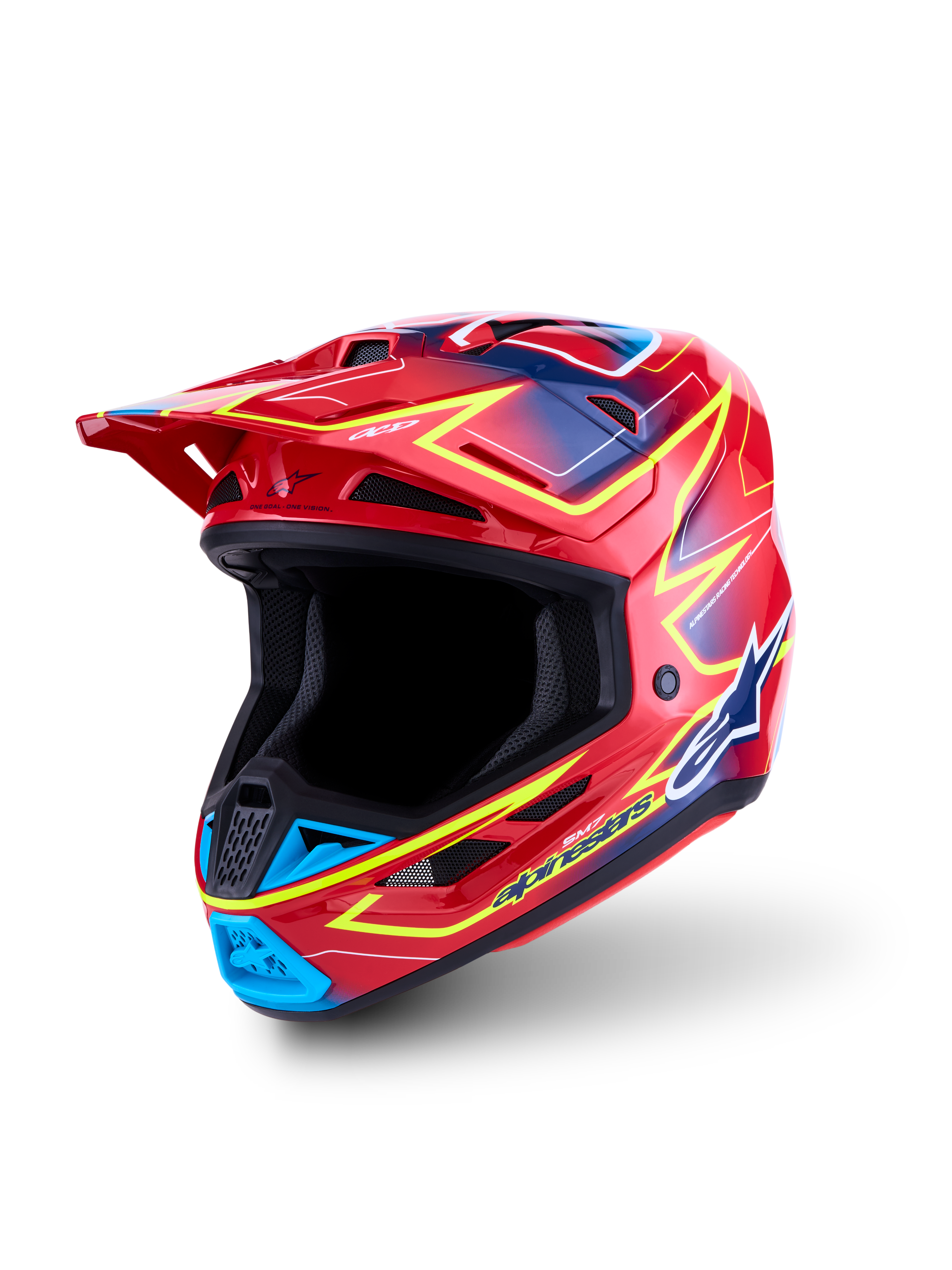 Alpinestars S-M7 Cast helm, rood met fluo geel en blauw, motocrosshelm, ECE 22.06-gecertificeerde lichte schaal.