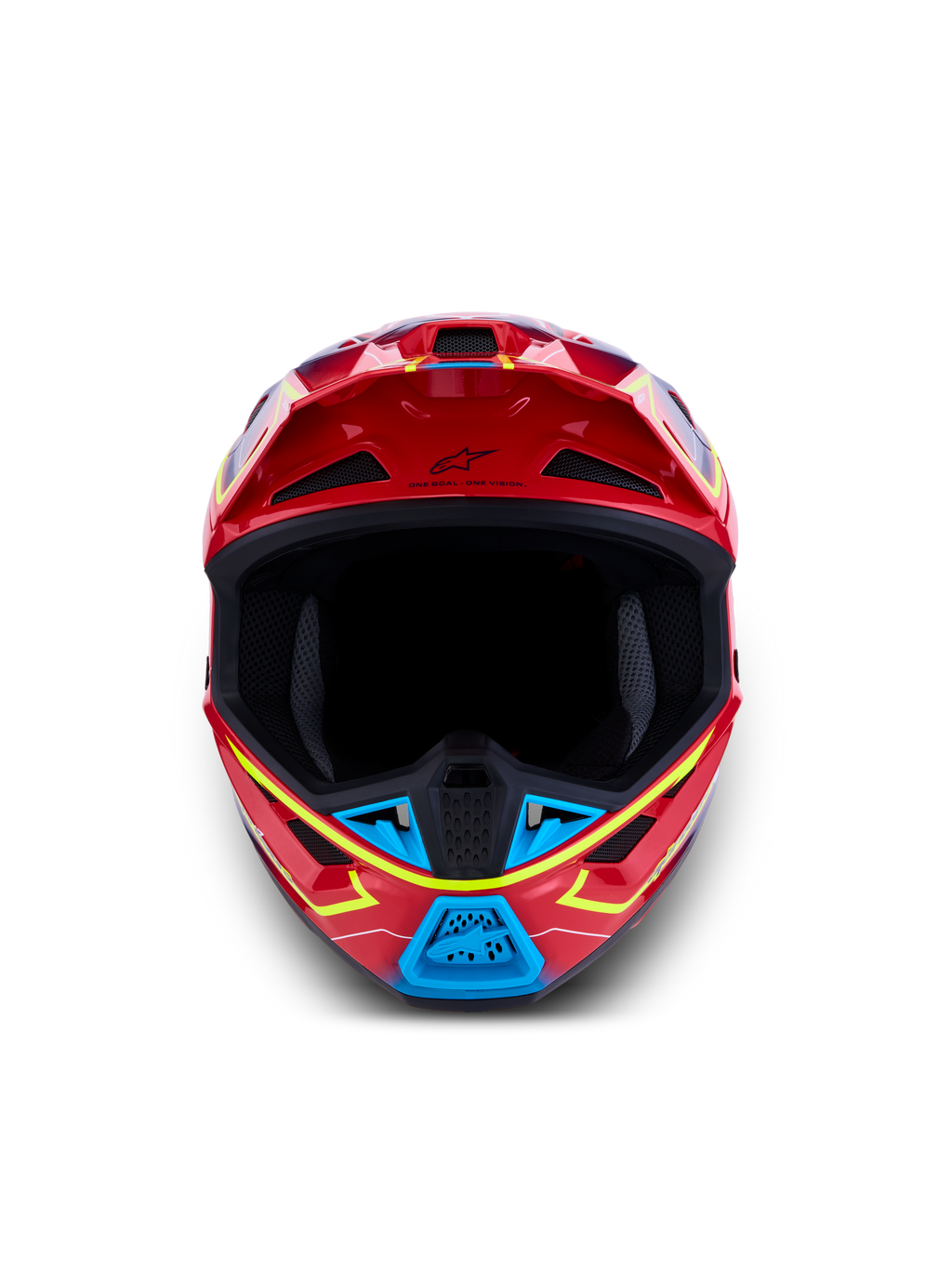 Alpinestars S-M7 Cast motorcrosshelm, rood, blauw en fluogeel, ECE 22.06-gecertificeerd, aerodynamisch off-road ontwerp.