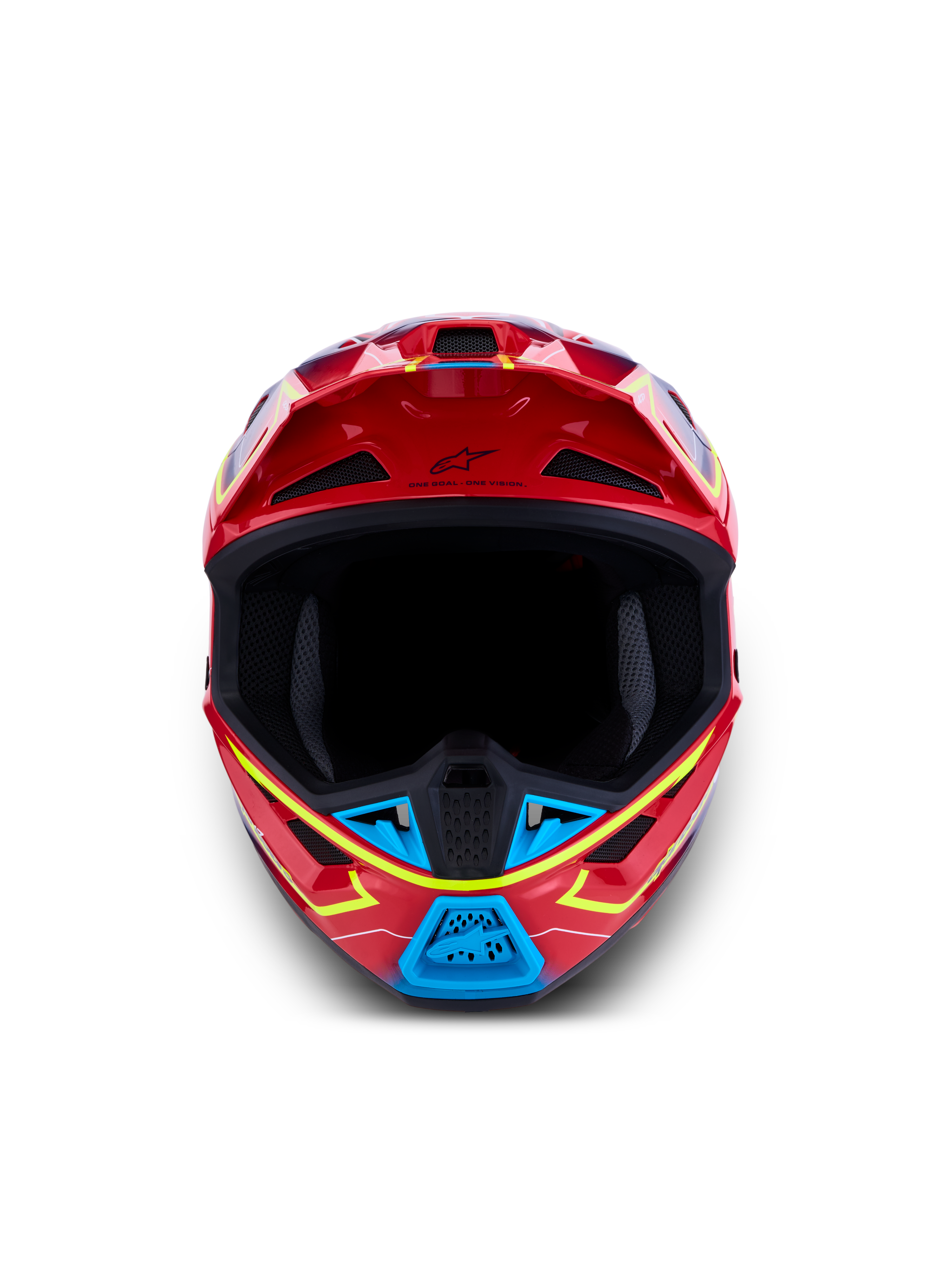Alpinestars S-M7 Cast motorcrosshelm, rood, blauw en fluogeel, ECE 22.06-gecertificeerd, aerodynamisch off-road ontwerp.