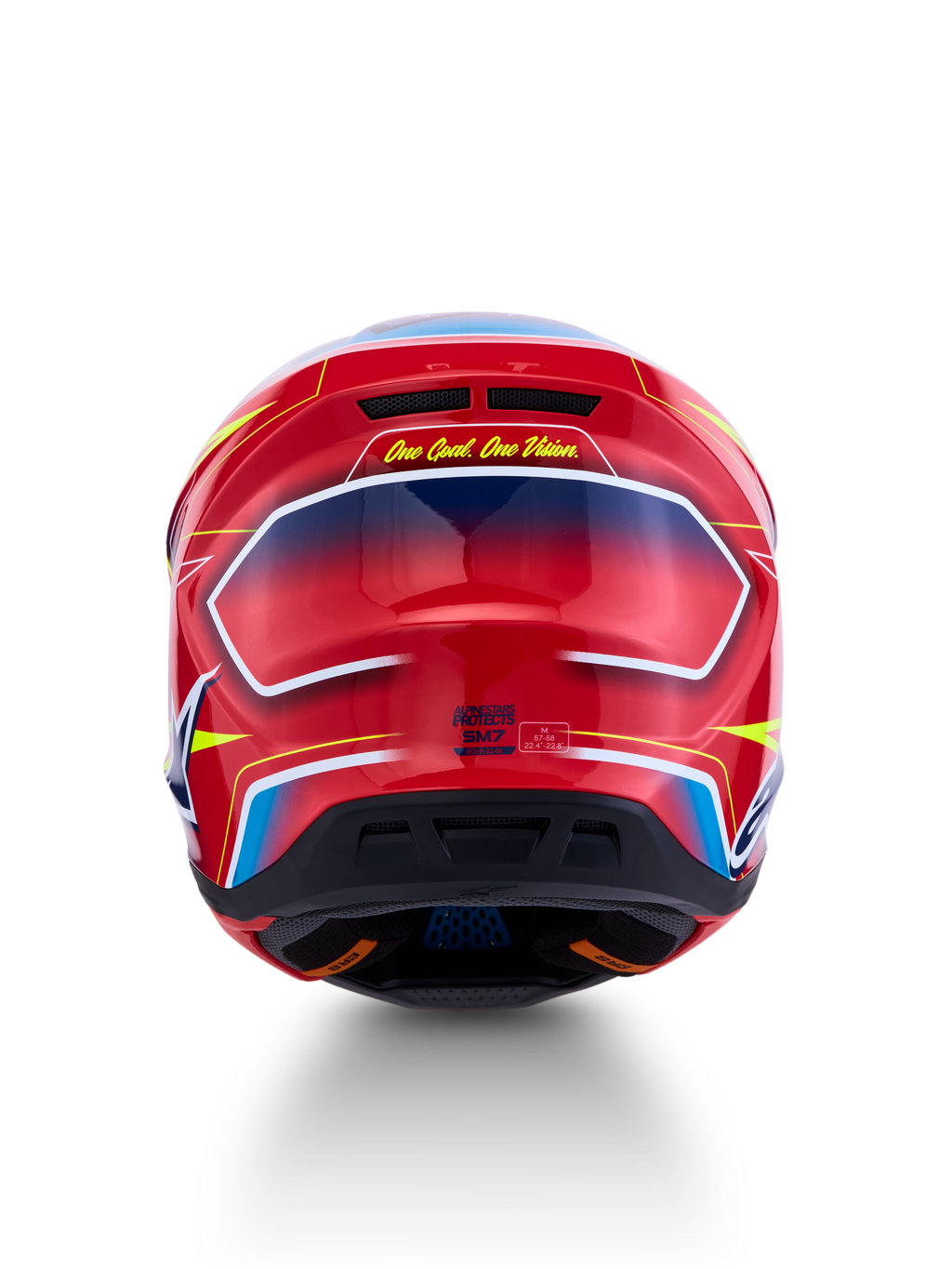 Alpinestars S-M7 Cast helm, motocrosshelm, rood, geel fluo en blauw, aerodynamisch achterprofiel met 'One Goal. One Vision.' tekst, ECE 22.06-gecertificeerd.