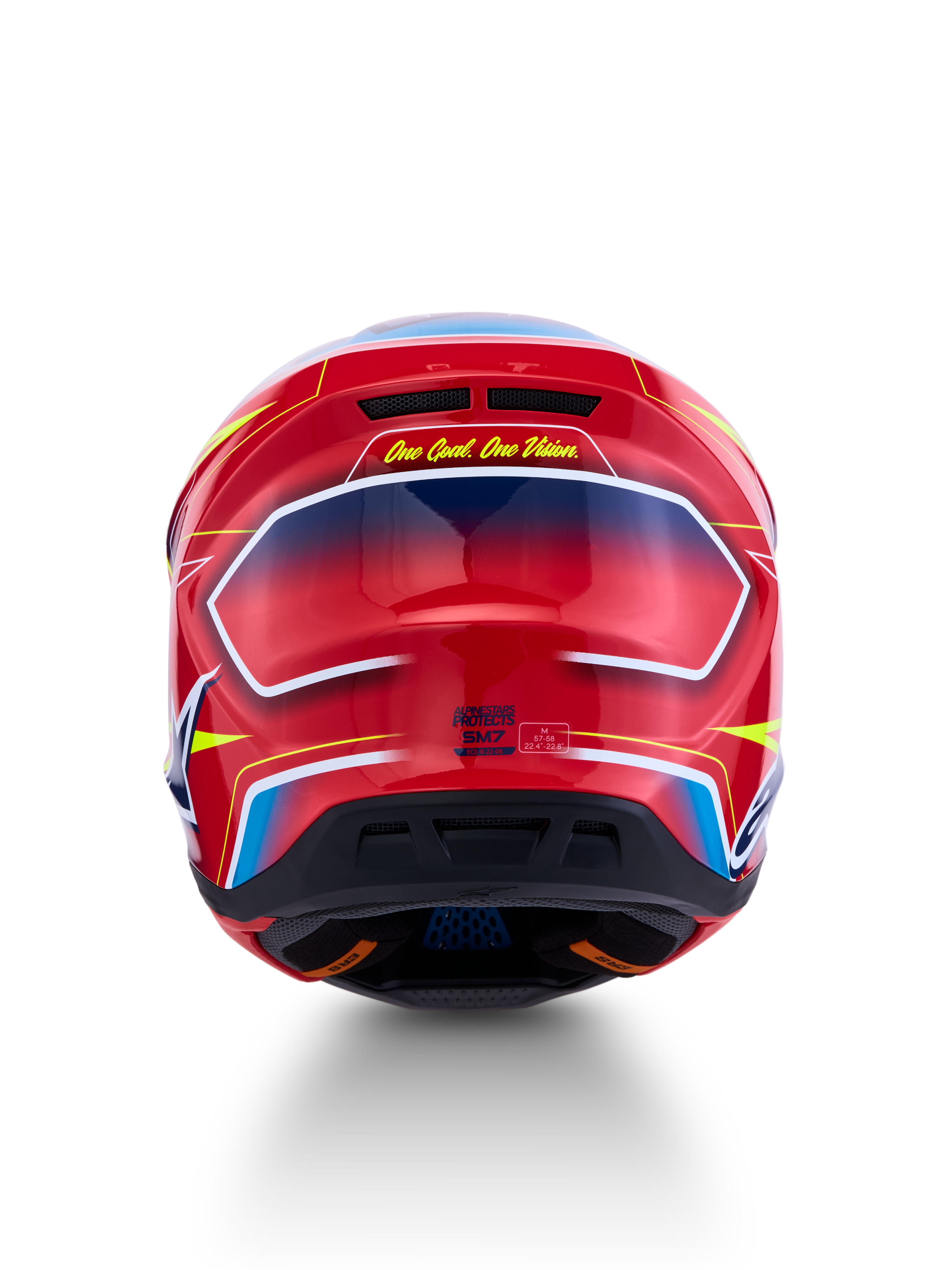 Alpinestars S-M7 Cast helm, motocrosshelm, rood, geel fluo en blauw, aerodynamisch achterprofiel met 'One Goal. One Vision.' tekst, ECE 22.06-gecertificeerd.
