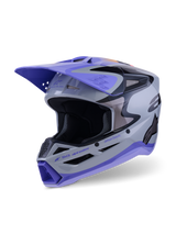 Alpinestars S-M3 Jettson Helm ECE 22.06, motorcrosshelm, grijs, paars en glanzend zwart, driekwart vooraanzicht met een paarse klep, zwarte merkaccenten en meerdere ventilatieopeningen voor off-road prestaties.