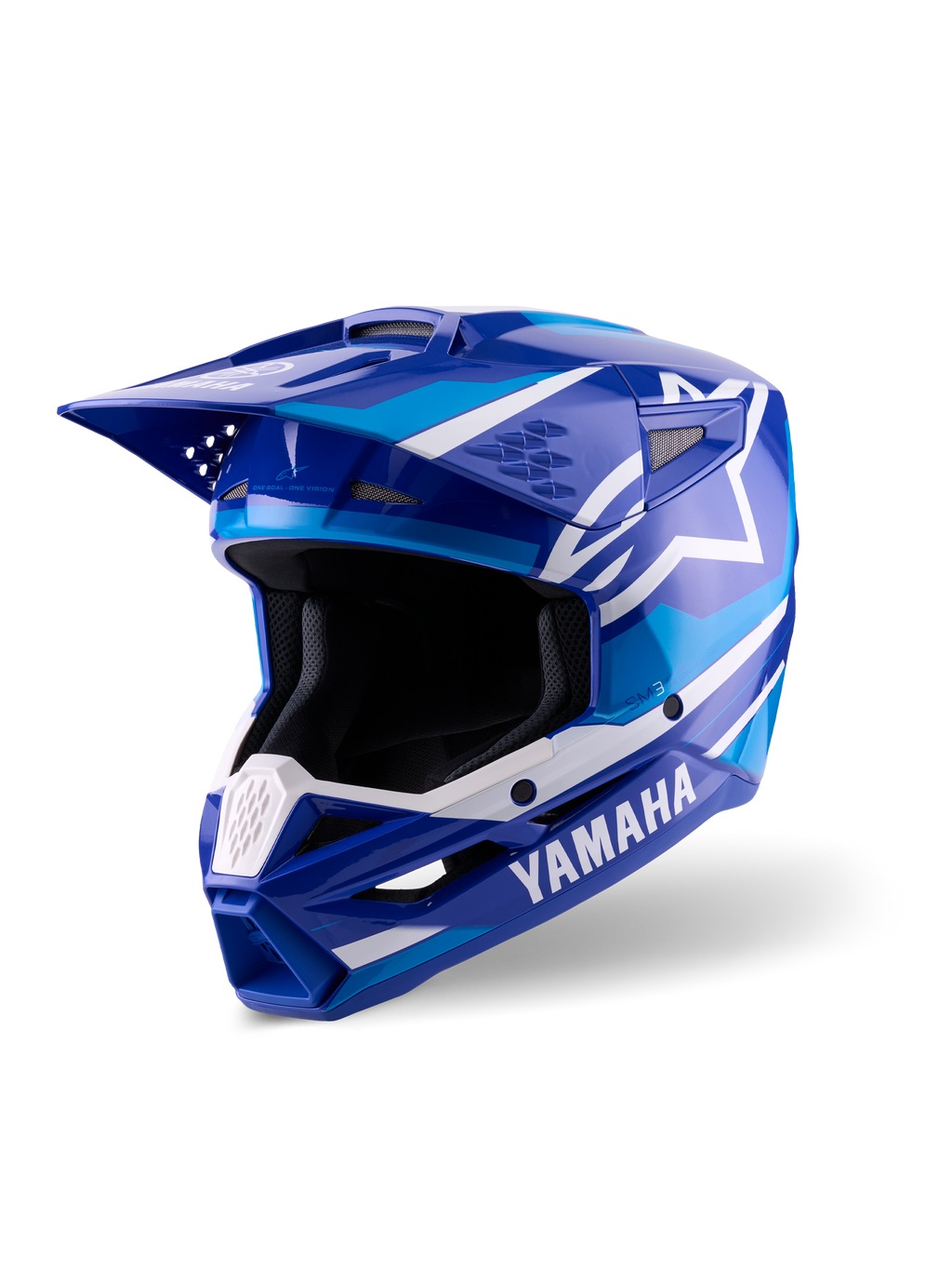 Alpinestars Yamaha S-M3 helm, motorcrosshelm, blauw en wit glanzend, met opvallende Yamaha-branding en Alpinestars sterlogo, hoekig ontwerp met een zonneklep en geventileerde kinbescherming, professionele off-road race-uitrusting
