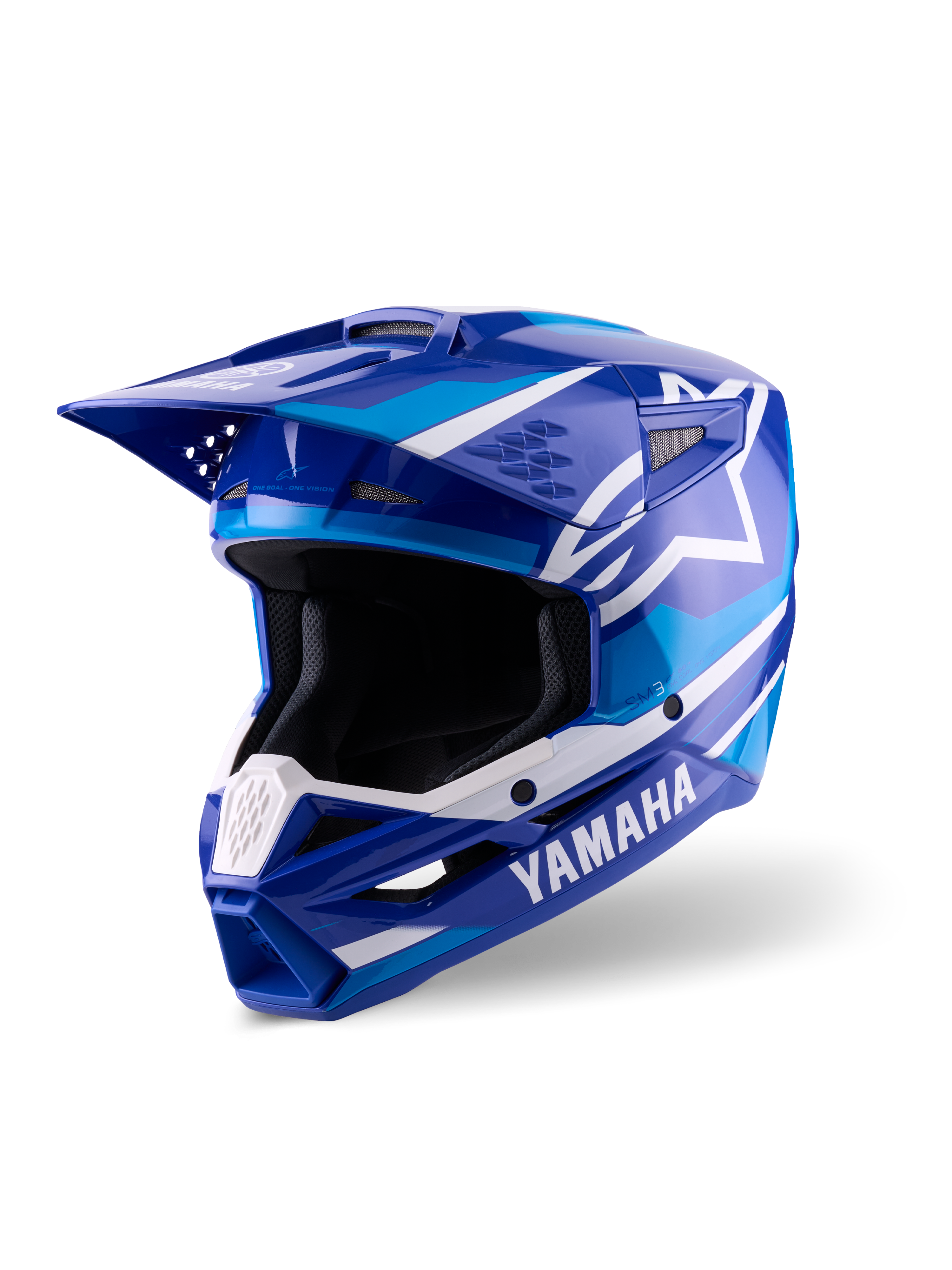 Alpinestars Yamaha S-M3 helm, motorcrosshelm, blauw en wit glanzend, met opvallende Yamaha-branding en Alpinestars sterlogo, hoekig ontwerp met een zonneklep en geventileerde kinbescherming, professionele off-road race-uitrusting