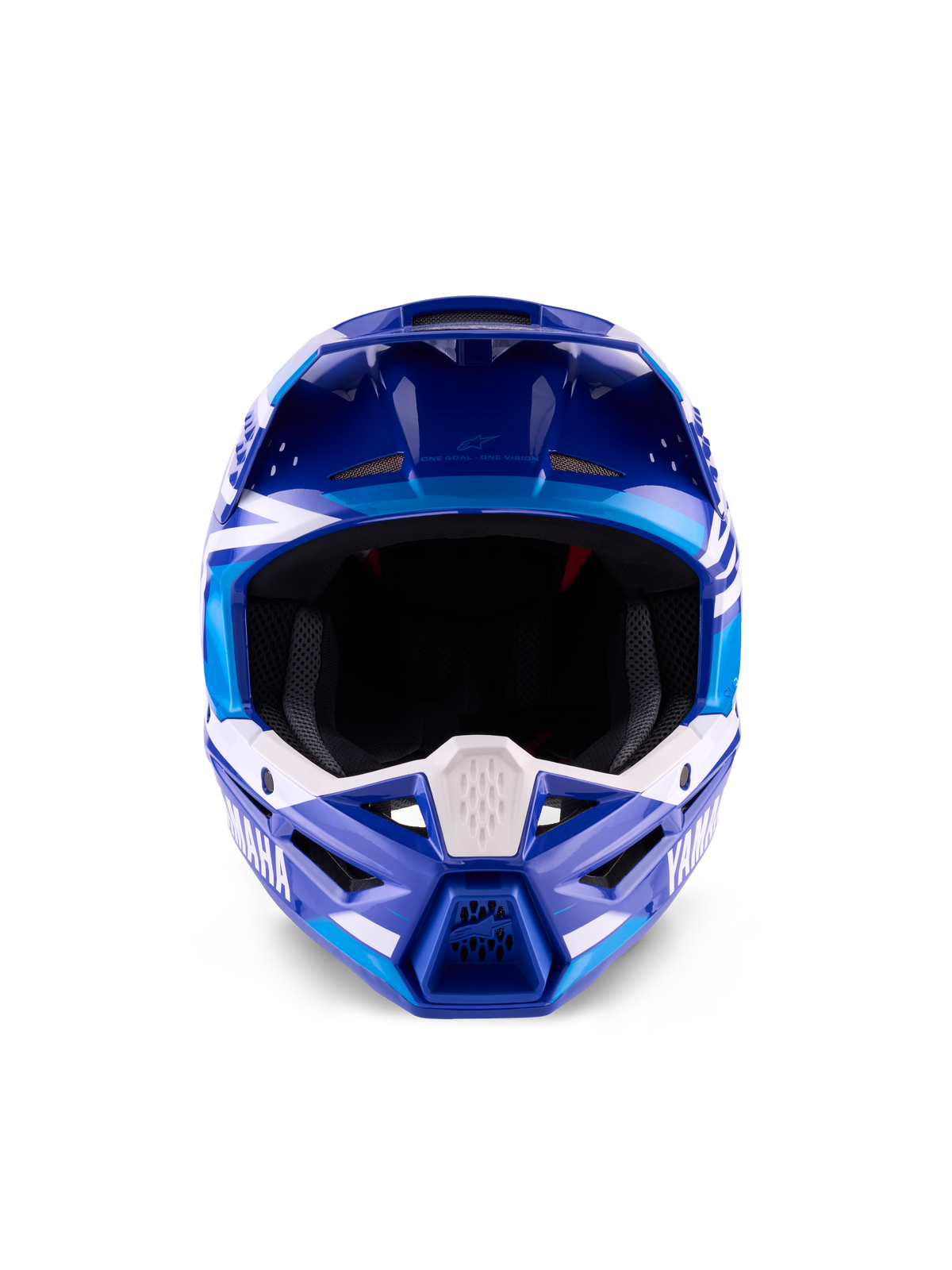Yamaha S-M3 helm ECE 22.06, motorcrosshelm, blauw en wit glanzend, vooraanzicht met de nadruk op de beschermende kinbeugel met Yamaha-branding en meerdere ventilatieopeningen