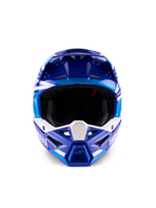 Yamaha S-M3 helm ECE 22.06, motorcrosshelm, blauw en wit glanzend, vooraanzicht met de nadruk op de beschermende kinbeugel met Yamaha-branding en meerdere ventilatieopeningen