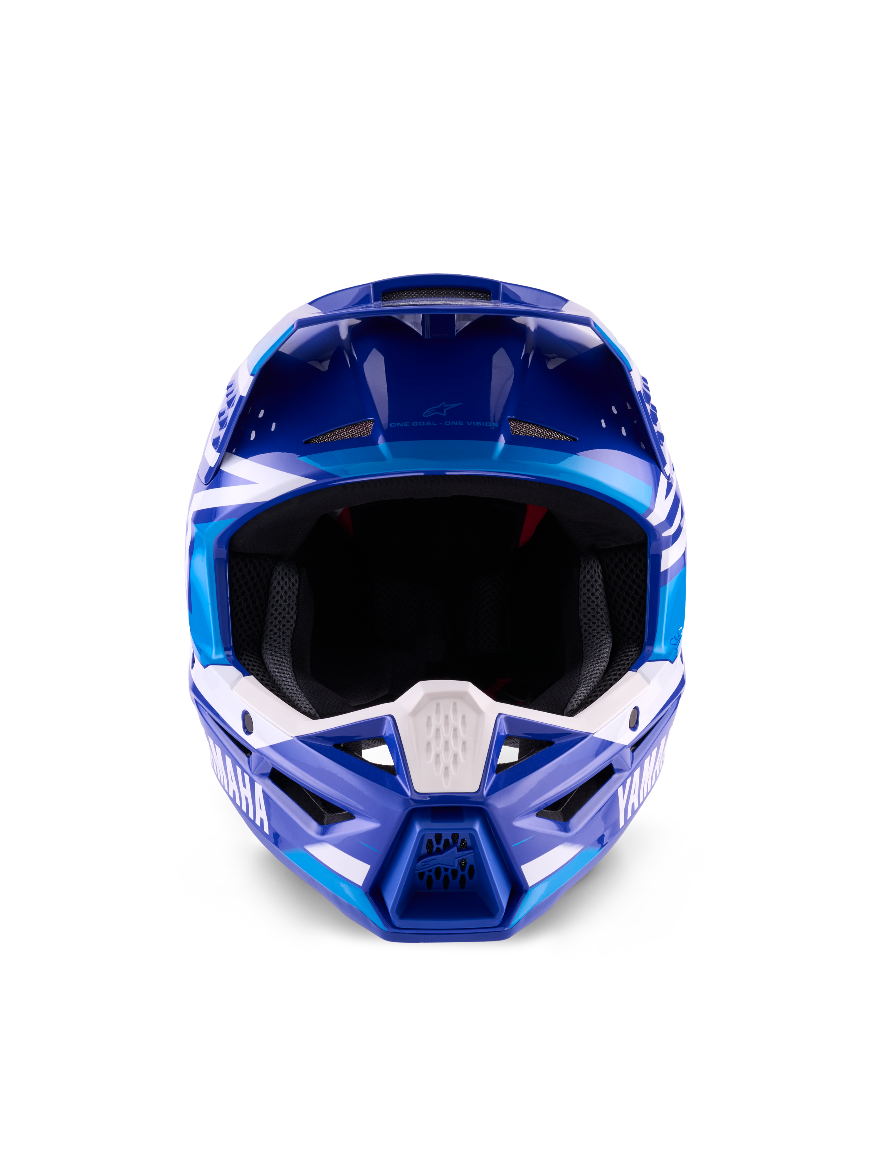 Yamaha S-M3 helm ECE 22.06, motorcrosshelm, blauw en wit glanzend, vooraanzicht met de nadruk op de beschermende kinbeugel met Yamaha-branding en meerdere ventilatieopeningen