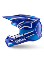 Alpinestars Yamaha S-M3 helm, motocrosshelm, glanzend blauw en wit, zijaanzicht met Yamaha-branding op de kinbeschermer en Alpinestars sterlogo, aerodynamische schaal met ventilatieopeningen voor off-road racen