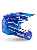 Alpinestars Yamaha S-M3 helm ECE 22.06, motorcrosshelm, blauw en wit glanzend, met opvallende Yamaha-branding en geometrische patronen, aerodynamisch ontwerp met zwarte mesh ventilatieopeningen en een puntig vizier, professionele off-road uitrusting
