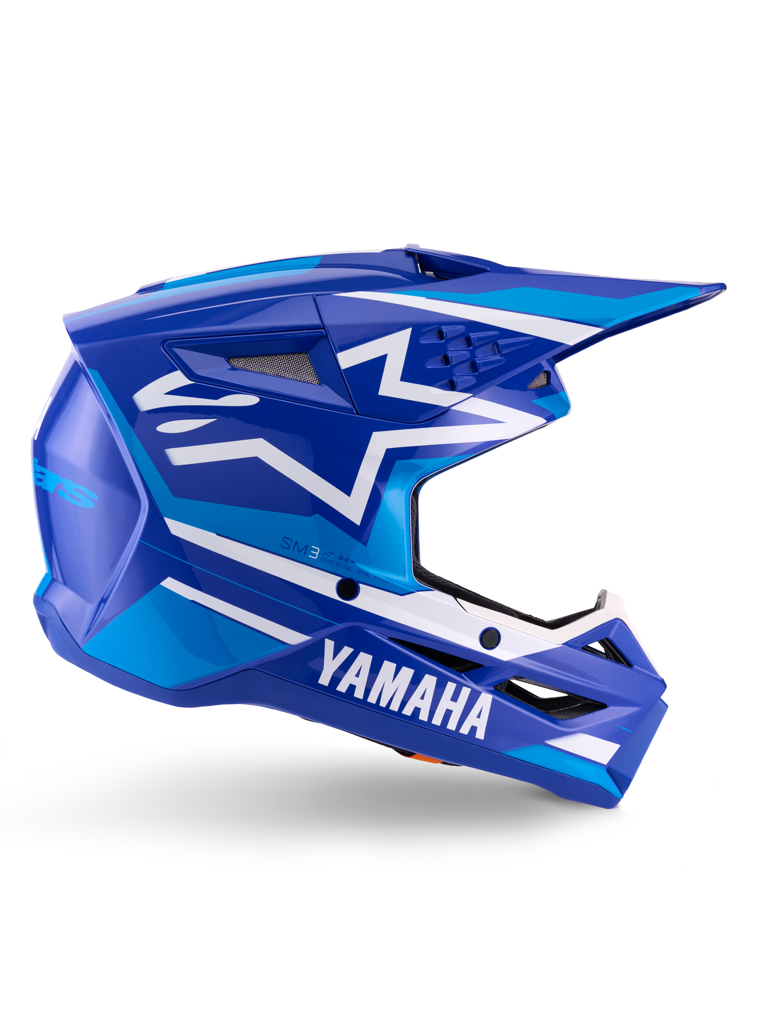 Alpinestars Yamaha S-M3 helm ECE 22.06, motorcrosshelm, blauw en wit glanzend, met opvallende Yamaha-branding en geometrische patronen, aerodynamisch ontwerp met zwarte mesh ventilatieopeningen en een puntig vizier, professionele off-road uitrusting