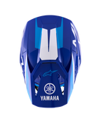 Alpinestars Yamaha S-M3 helm, motorcrosshelm, glanzend blauw en wit, bovenaanzicht van het vizier met wit Yamaha-logo en woordmerk, lichtblauwe grafische accenten, agressief aerodynamisch schaalontwerp
