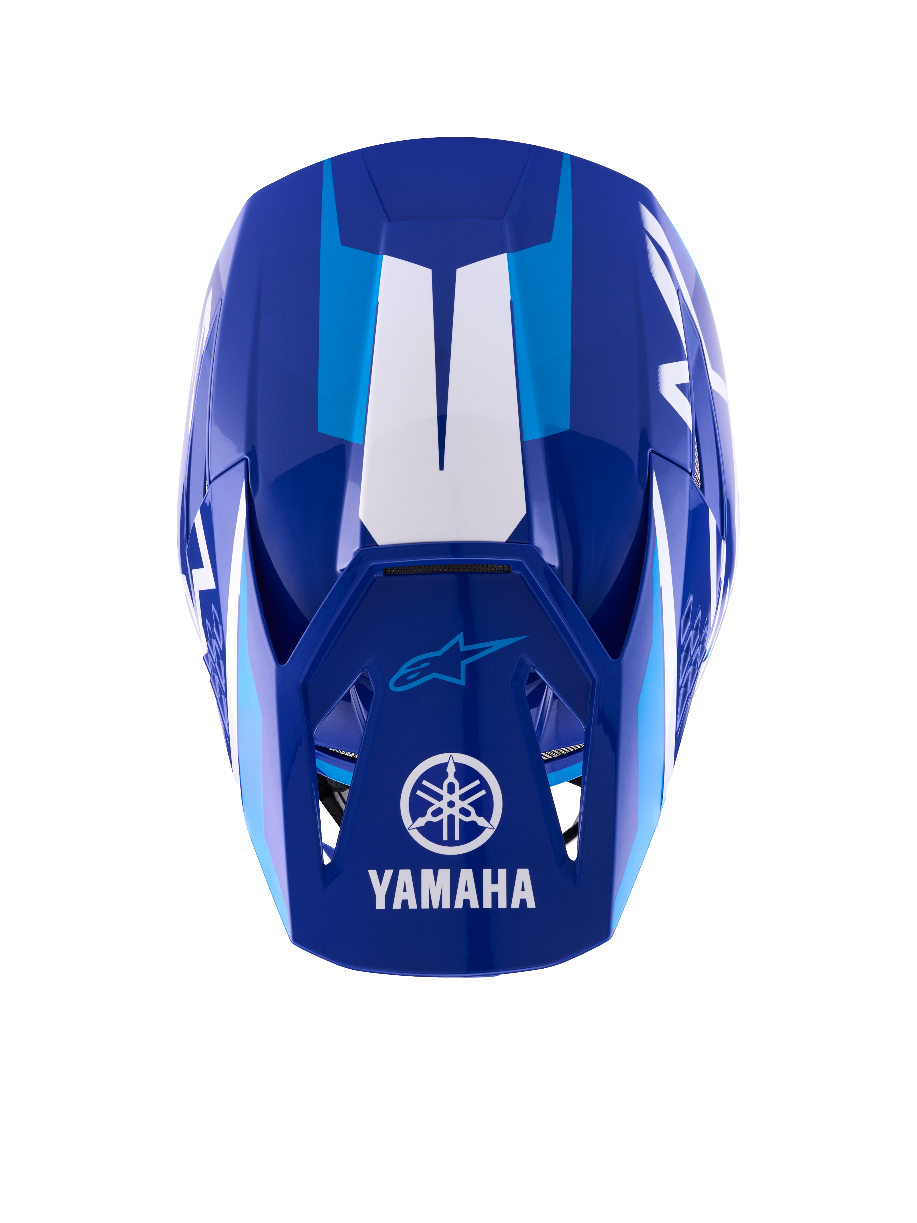 Alpinestars Yamaha S-M3 helm, motorcrosshelm, glanzend blauw en wit, bovenaanzicht van het vizier met wit Yamaha-logo en woordmerk, lichtblauwe grafische accenten, agressief aerodynamisch schaalontwerp