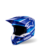 Alpinestars Yamaha S-M3 jeugd crosshelm, blauw en witte glanzende afwerking, voorzien van prominente Yamaha- en Alpinestars-logo's, aerodynamisch vizierontwerp, brede oogopening en geventileerd kinstuk voor off-road raceprestaties.