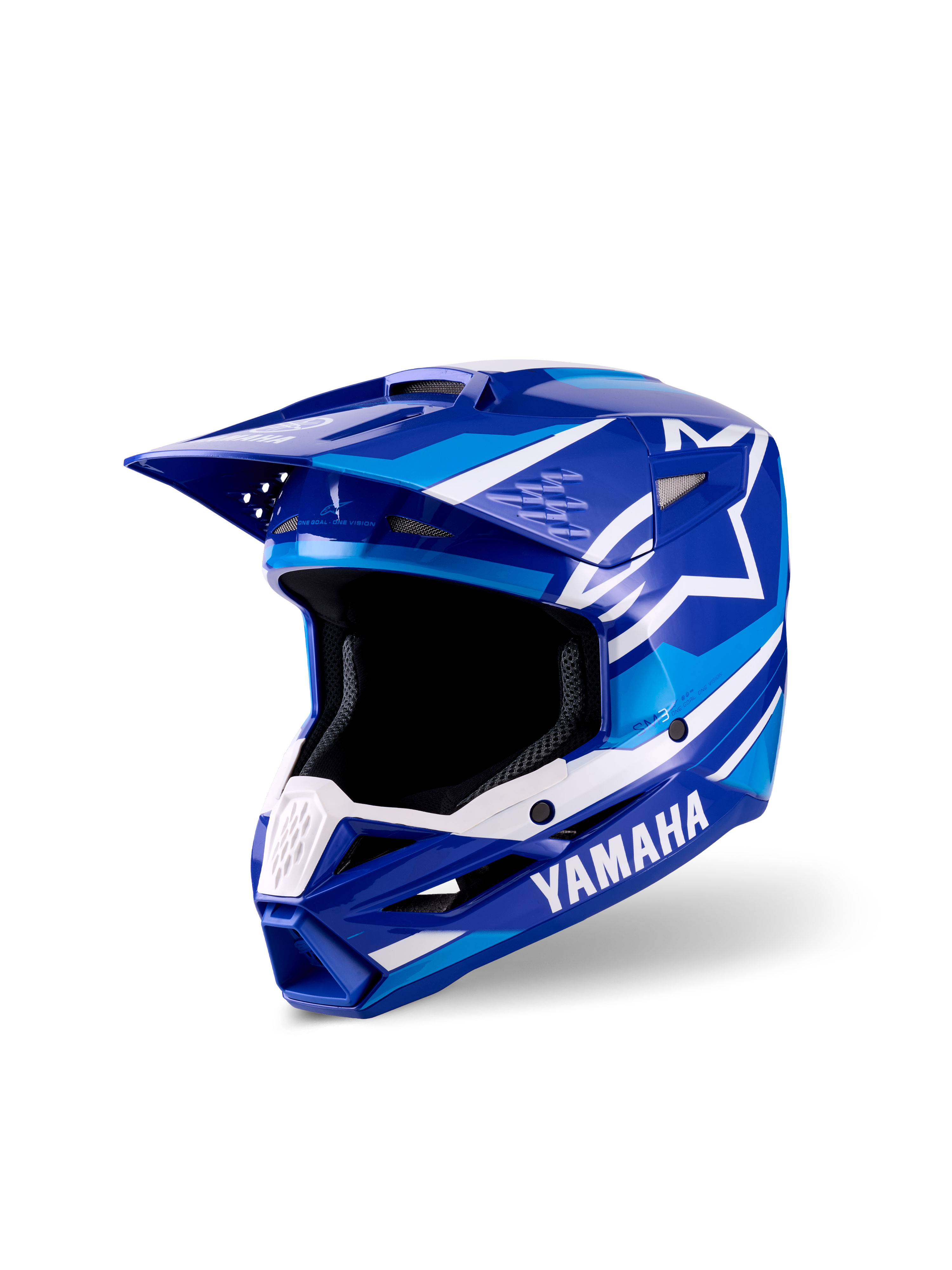 Alpinestars Yamaha S-M3 jeugd crosshelm, blauw en witte glanzende afwerking, voorzien van prominente Yamaha- en Alpinestars-logo's, aerodynamisch vizierontwerp, brede oogopening en geventileerd kinstuk voor off-road raceprestaties.