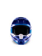 Alpinestars Yamaha S-M3 jeugd motocrosshelm, blauw en wit glanzend, vooraanzicht met nadruk op de brede oogopening en het agressieve kinstuk, voorzien van Yamaha-branding en geometrische graphics, professionele off-road hoofdbescherming voor jonge rijders