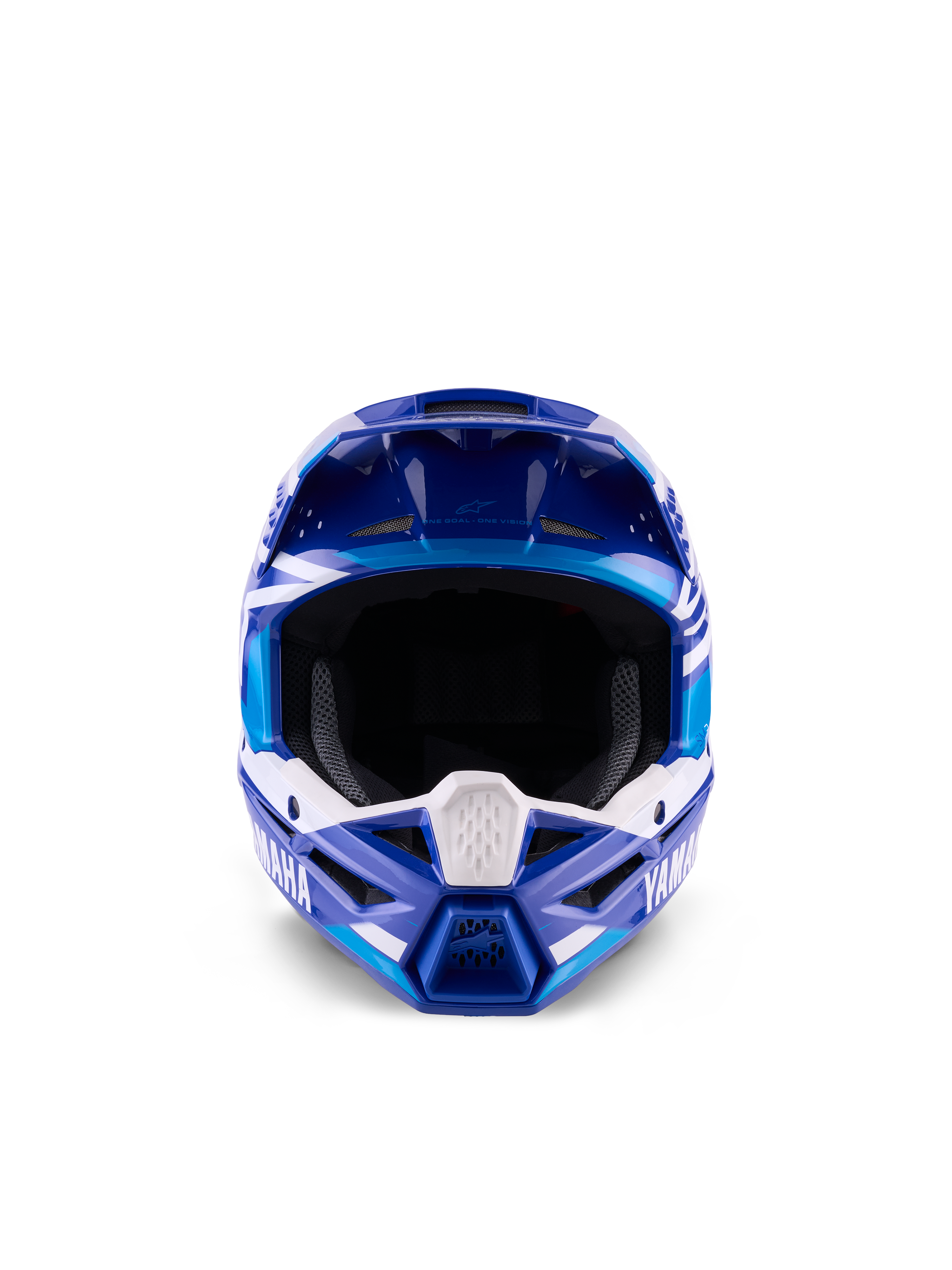 Alpinestars Yamaha S-M3 jeugd motocrosshelm, blauw en wit glanzend, vooraanzicht met nadruk op de brede oogopening en het agressieve kinstuk, voorzien van Yamaha-branding en geometrische graphics, professionele off-road hoofdbescherming voor jonge rijders