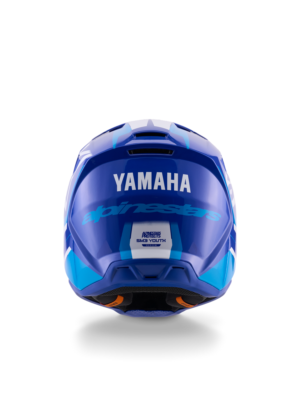 Yamaha S-M3 Jeugd Motocross Helm, achteraanzicht, blauw en wit glanzend, met opvallende Yamaha en Alpinestars branding, aerodynamisch schaalontwerp met ECE 22.06 veiligheidslabel, professionele hoofdbescherming voor off-road racing