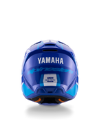 Yamaha S-M3 Jeugd Motocross Helm, achteraanzicht, blauw en wit glanzend, met opvallende Yamaha en Alpinestars branding, aerodynamisch schaalontwerp met ECE 22.06 veiligheidslabel, professionele hoofdbescherming voor off-road racing