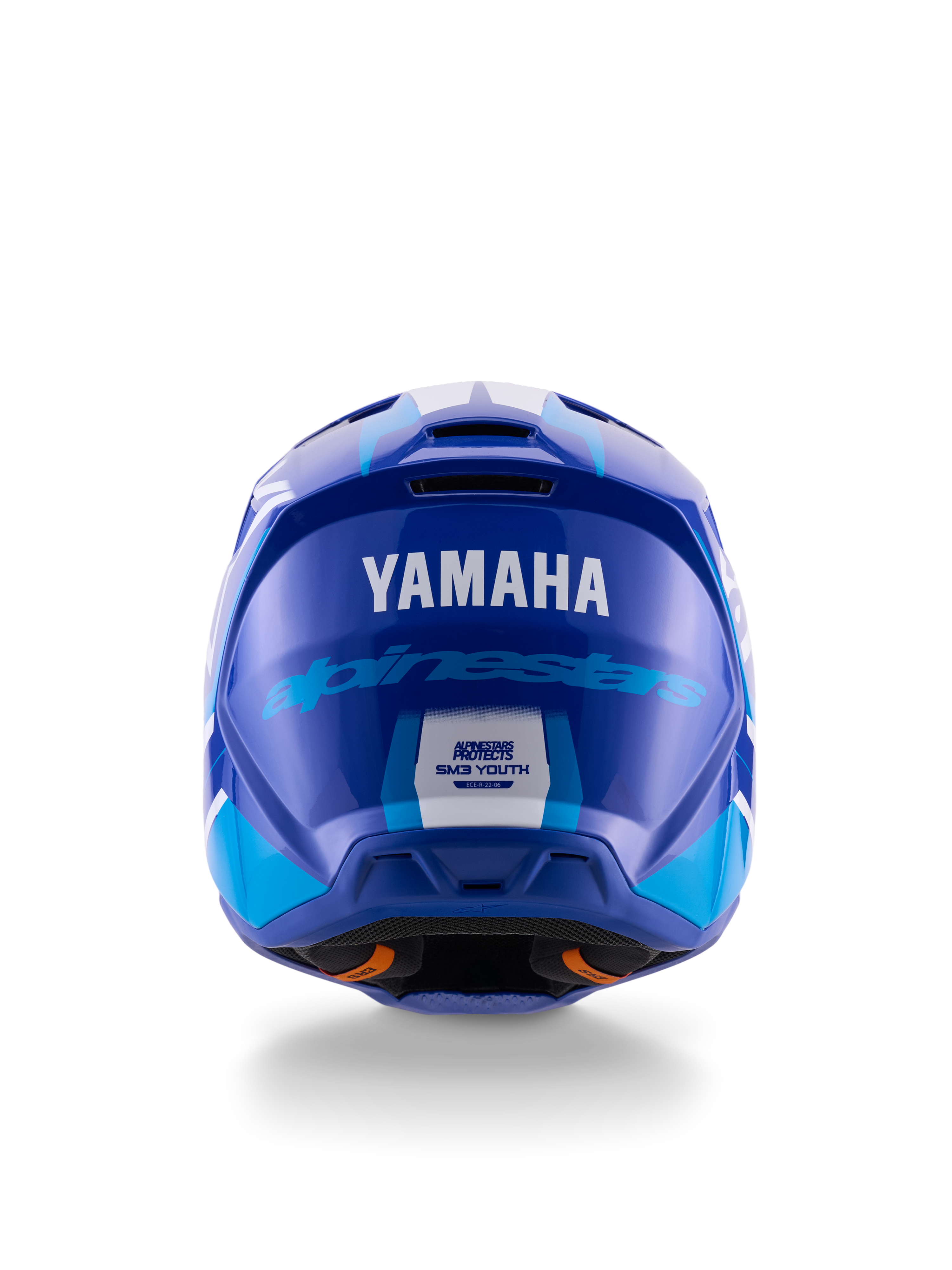 Yamaha S-M3 Jeugd Motocross Helm, achteraanzicht, blauw en wit glanzend, met opvallende Yamaha en Alpinestars branding, aerodynamisch schaalontwerp met ECE 22.06 veiligheidslabel, professionele hoofdbescherming voor off-road racing