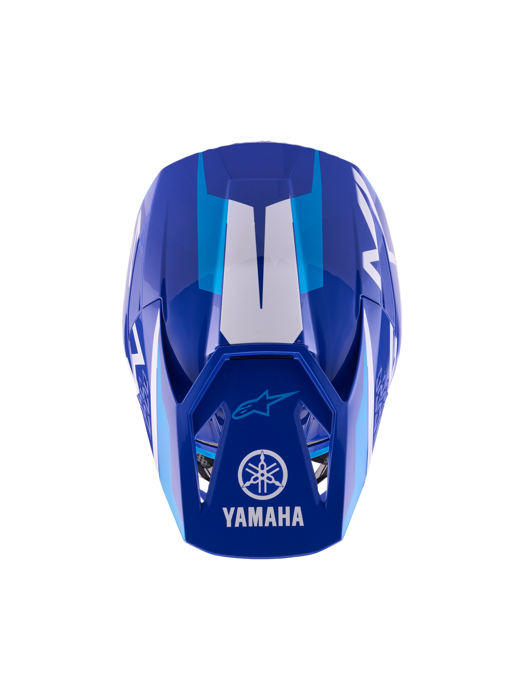 Alpinestars Yamaha S-M3 jeugd motorcrosshelm, Blue White Glossy, bovenaanzicht van de buitenschaal en de klep, voorzien van Yamaha- en Alpinestars-logo's, aerodynamisch ontwerp met glanzende afwerking en witte grafische accenten.