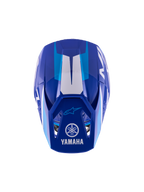 Alpinestars Yamaha S-M3 jeugd motorcrosshelm, Blue White Glossy, bovenaanzicht van de buitenschaal en de klep, voorzien van Yamaha- en Alpinestars-logo's, aerodynamisch ontwerp met glanzende afwerking en witte grafische accenten.
