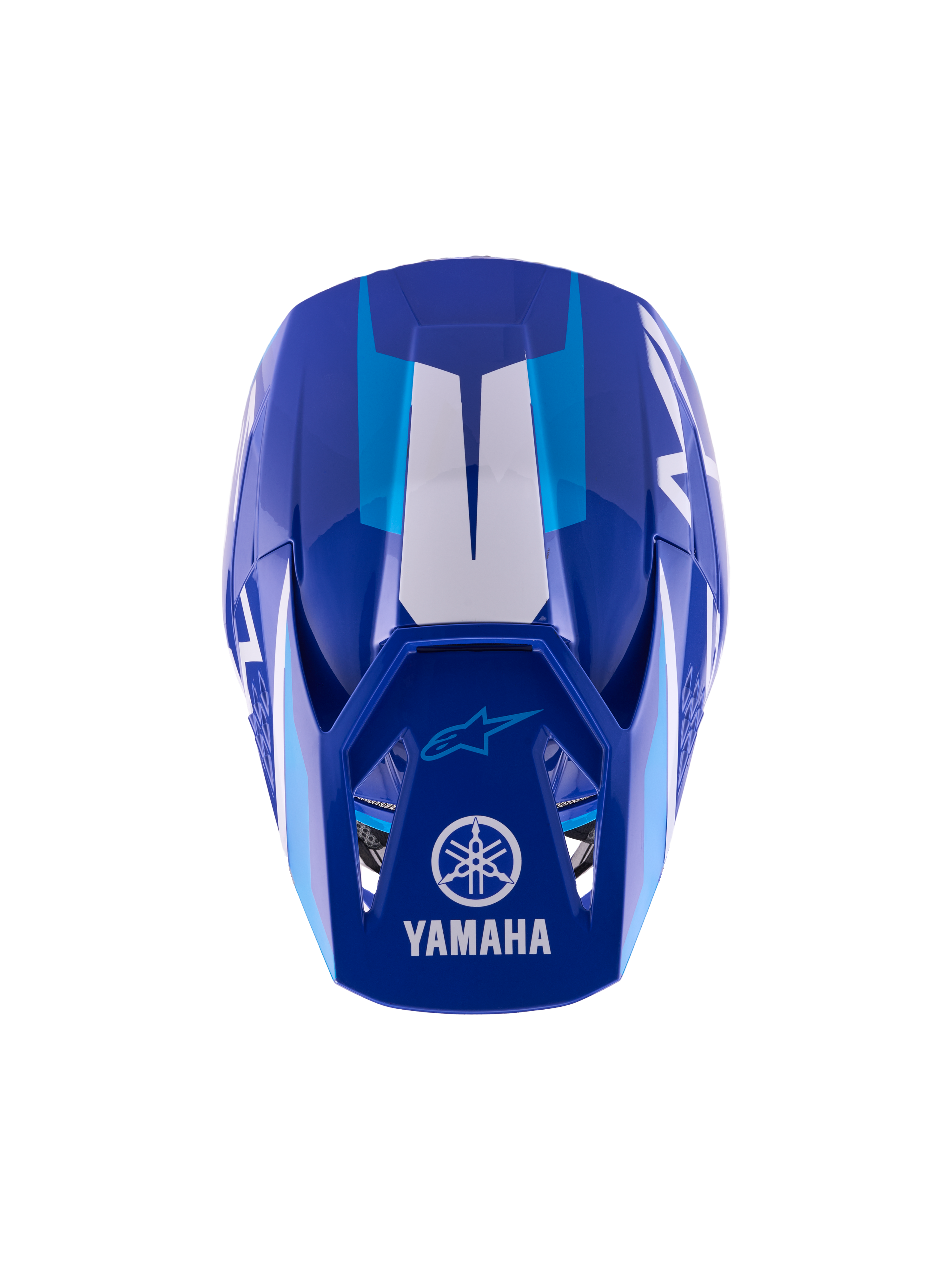 Alpinestars Yamaha S-M3 jeugd motorcrosshelm, Blue White Glossy, bovenaanzicht van de buitenschaal en de klep, voorzien van Yamaha- en Alpinestars-logo's, aerodynamisch ontwerp met glanzende afwerking en witte grafische accenten.