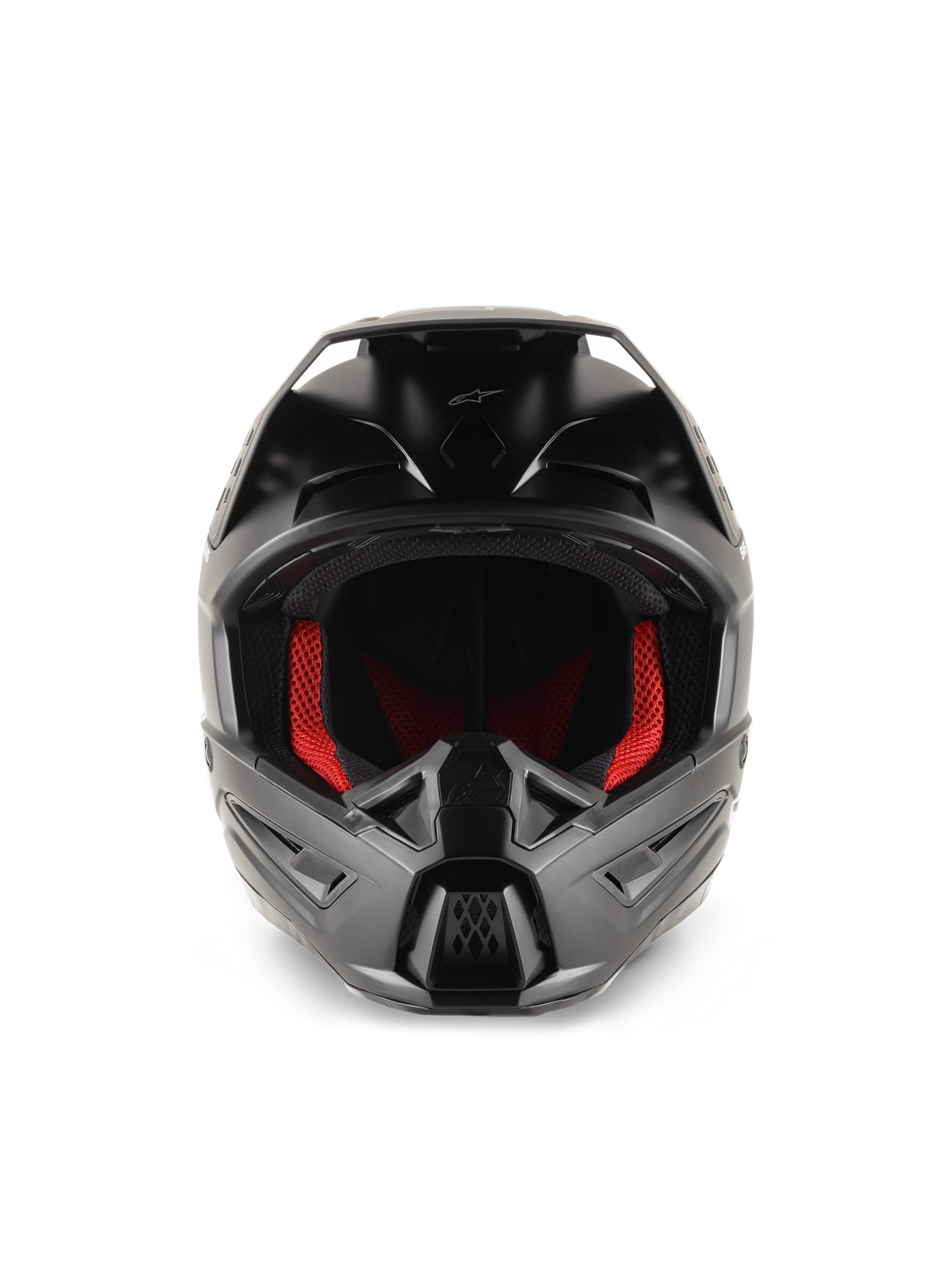 Alpinestars S-M5 Solid helm, motorcrosshelm, matzwart, vooraanzicht met rode binnenvoering, voorgevormd kinstuk met ventilatieopeningen en beschermend vizier voor off-road racen