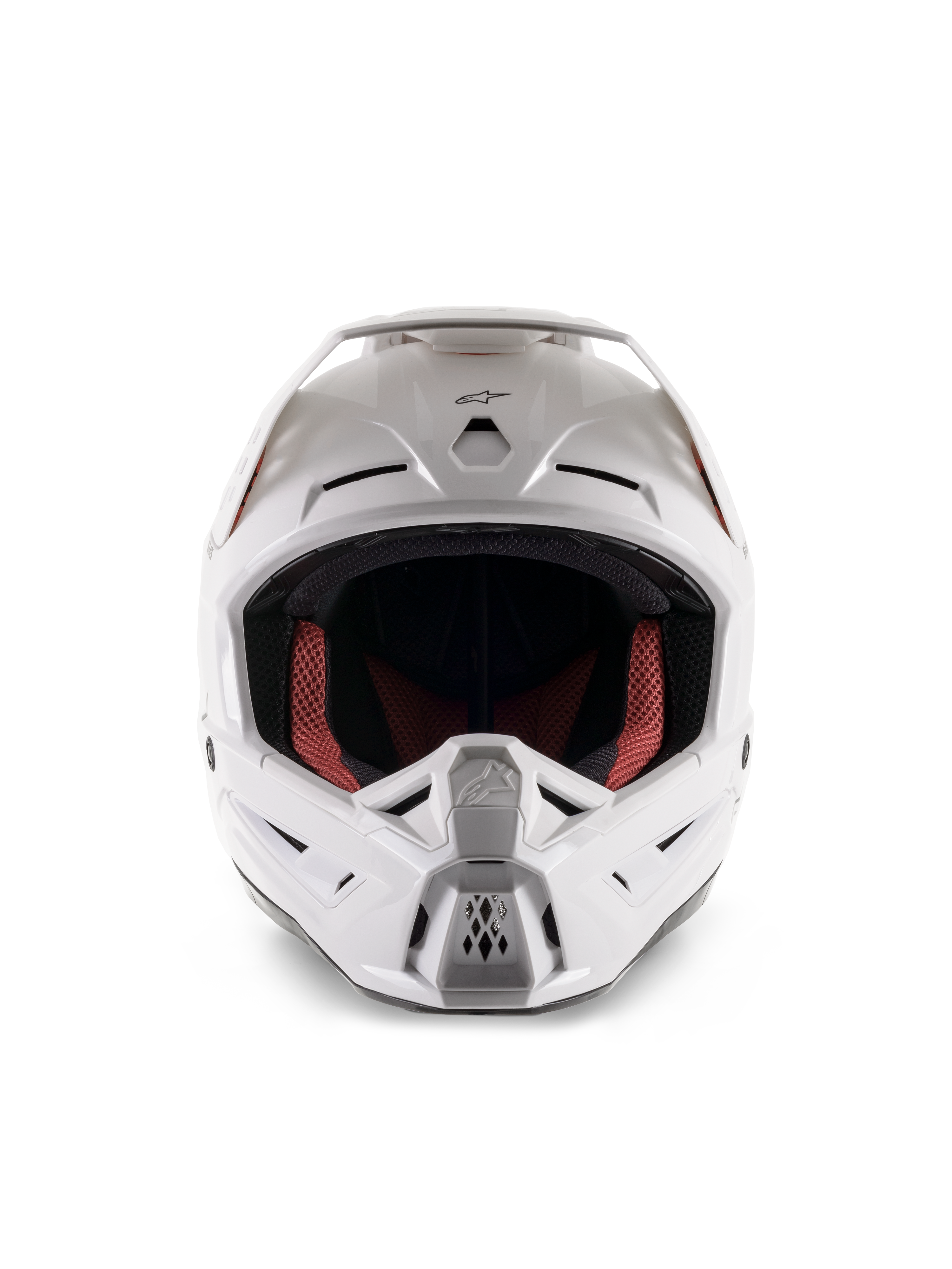 Alpinestars S-M5 Solid Helmet ECE 22.06, Motocross Helmet, White Glossy, front view, featuring multi-air intake ports on the chin and forehead, wide visor, red and black inner lining, sleek and aerodynamic design for off-road racing