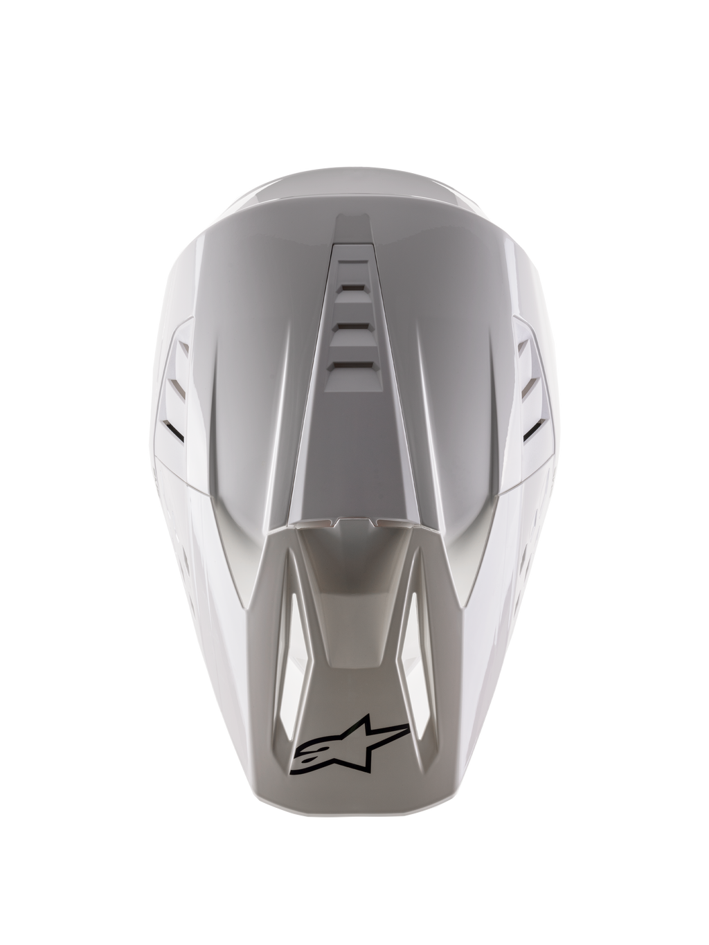 Alpinestars S-M5 Solid Helmet ECE 22.06, Motocross Helmet, White Glossy, overhead view showing top air vents and black logo on the visor tip