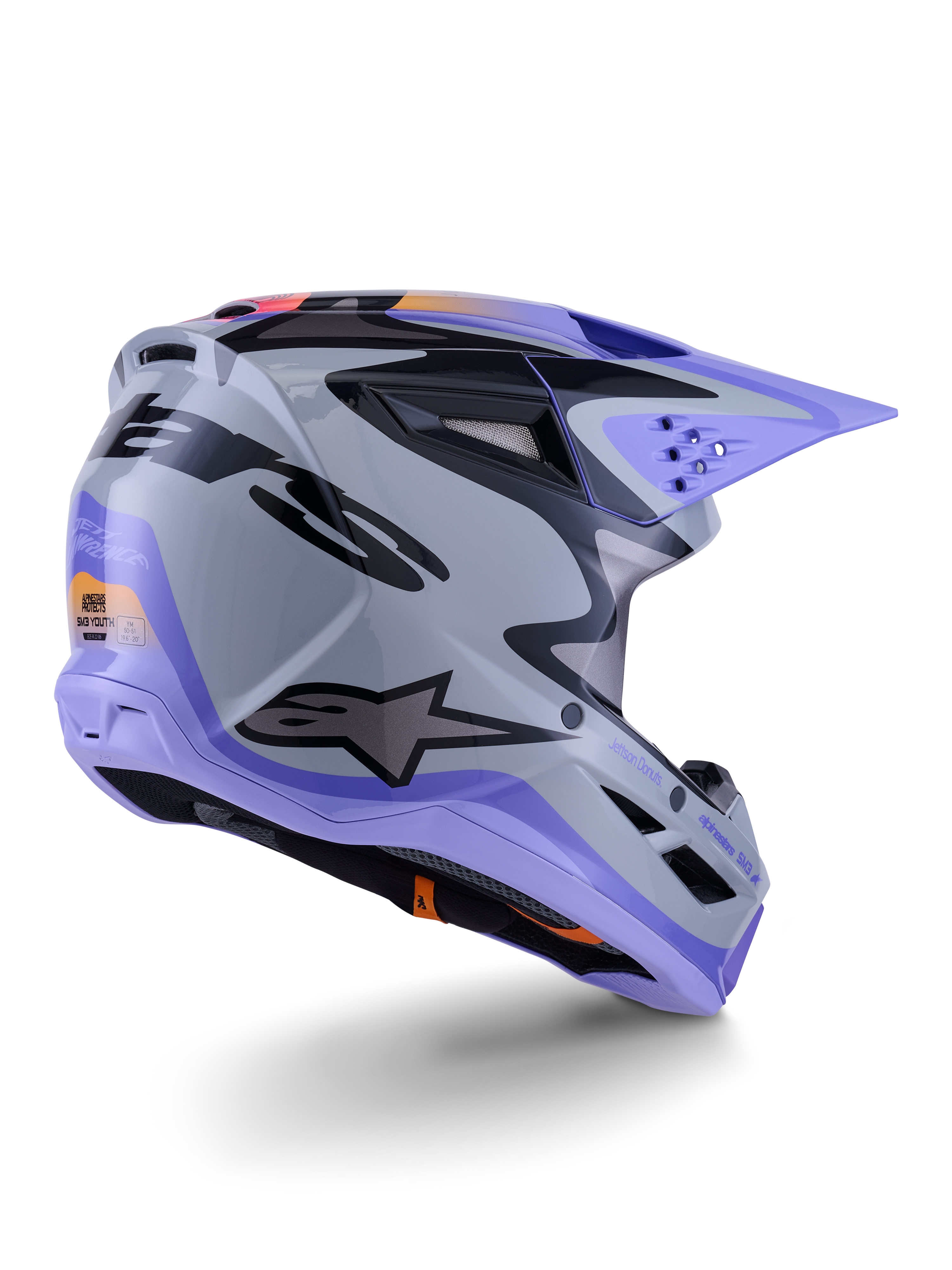 Alpinestars S-M3 Jettson jeugdhelm, motorcrosshelm, grijs, paars en zwart glanzend, driekwart achteraanzicht, voorzien van een paars vizier, zwart Alpinestars-logo en meerdere ventilatieopeningen, strak ontwerp voor off-road racen voor de jeugd