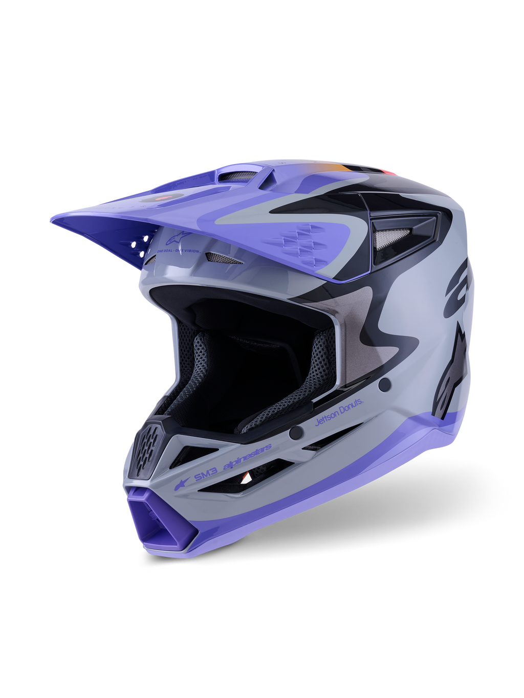 Alpinestars S-M3 Jettson jeugdhelm ECE 22.06, motorcrosshelm, grijs paars en zwart glanzend, met een paars vizier en kinstuk, aerodynamische schaal met mesh ventilatieopeningen, opvallende graphics voor off-road racen voor de jeugd