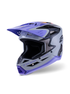Alpinestars S-M3 Jettson jeugdhelm ECE 22.06, motorcrosshelm, grijs paars en zwart glanzend, met een paars vizier en kinstuk, aerodynamische schaal met mesh ventilatieopeningen, opvallende graphics voor off-road racen voor de jeugd