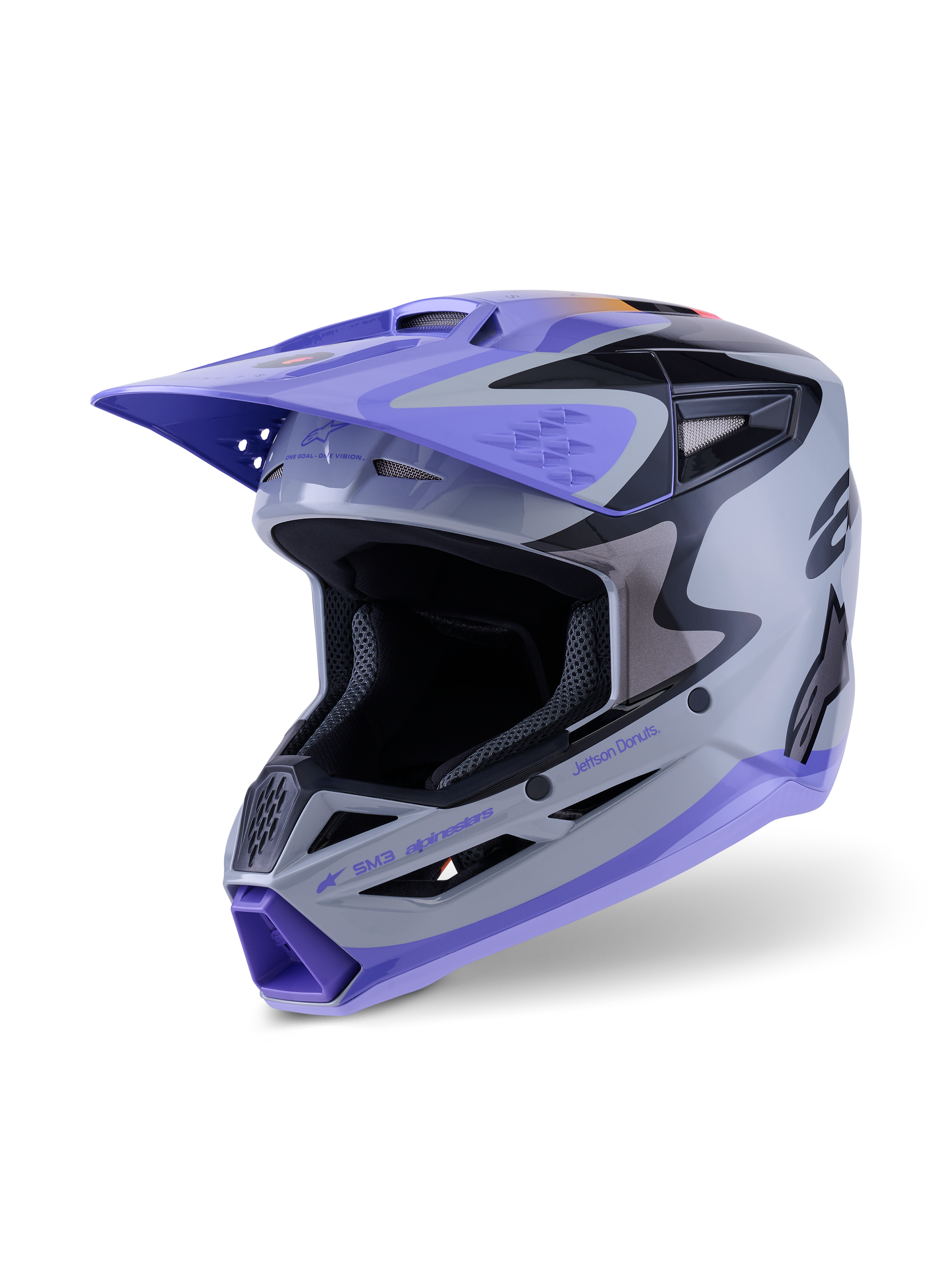 Alpinestars S-M3 Jettson jeugdhelm ECE 22.06, motorcrosshelm, grijs paars en zwart glanzend, met een paars vizier en kinstuk, aerodynamische schaal met mesh ventilatieopeningen, opvallende graphics voor off-road racen voor de jeugd