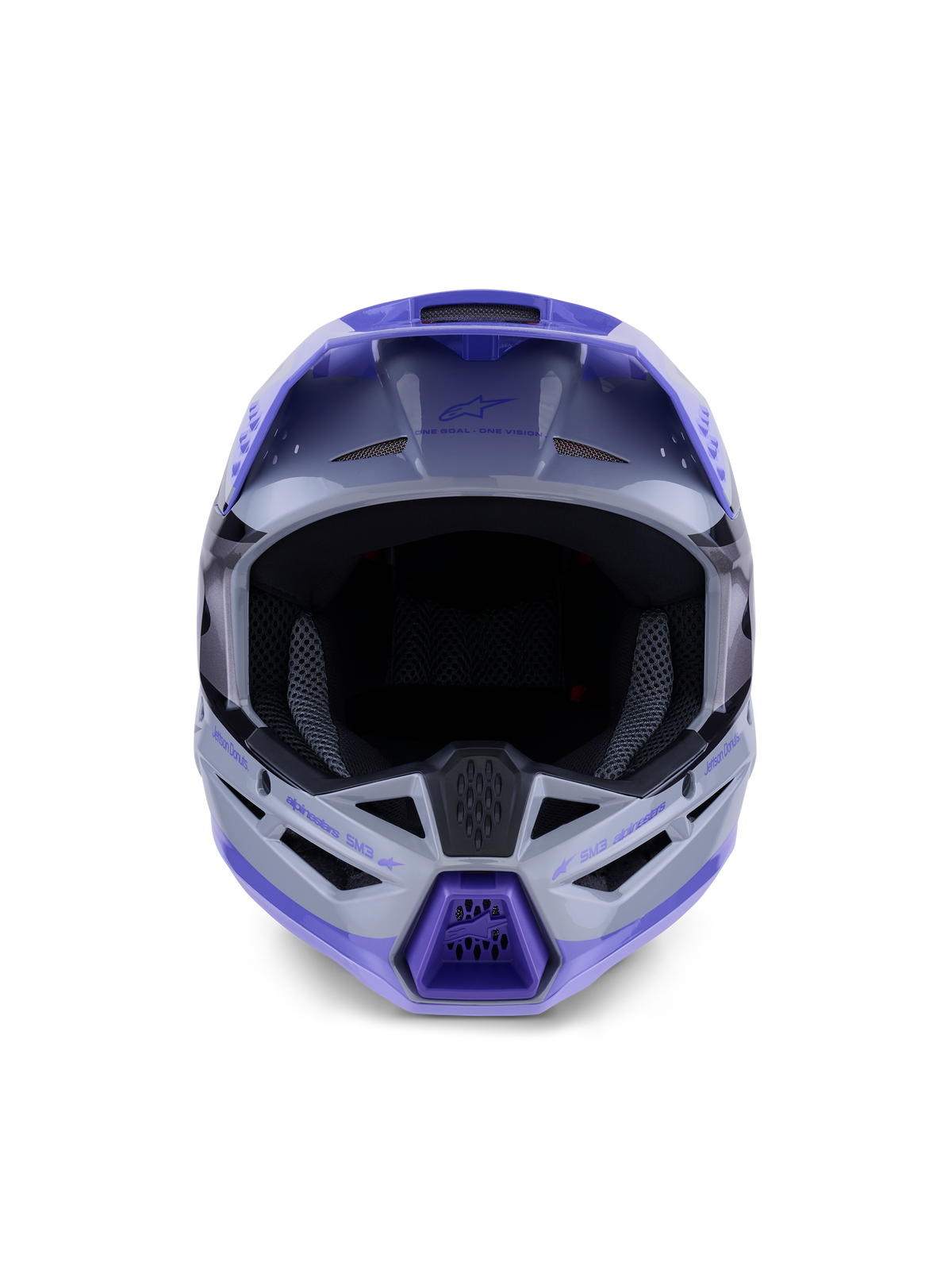 Alpinestars S-M3 Jettson helm, motorcrosshelm, glanzend grijs, paars en zwart, vooraanzicht met een brede oogopening en geventileerde kinbeschermer met paarse accenten, gestroomlijnd thermo-geïnjecteerd schaalontwerp voor off-road prestaties