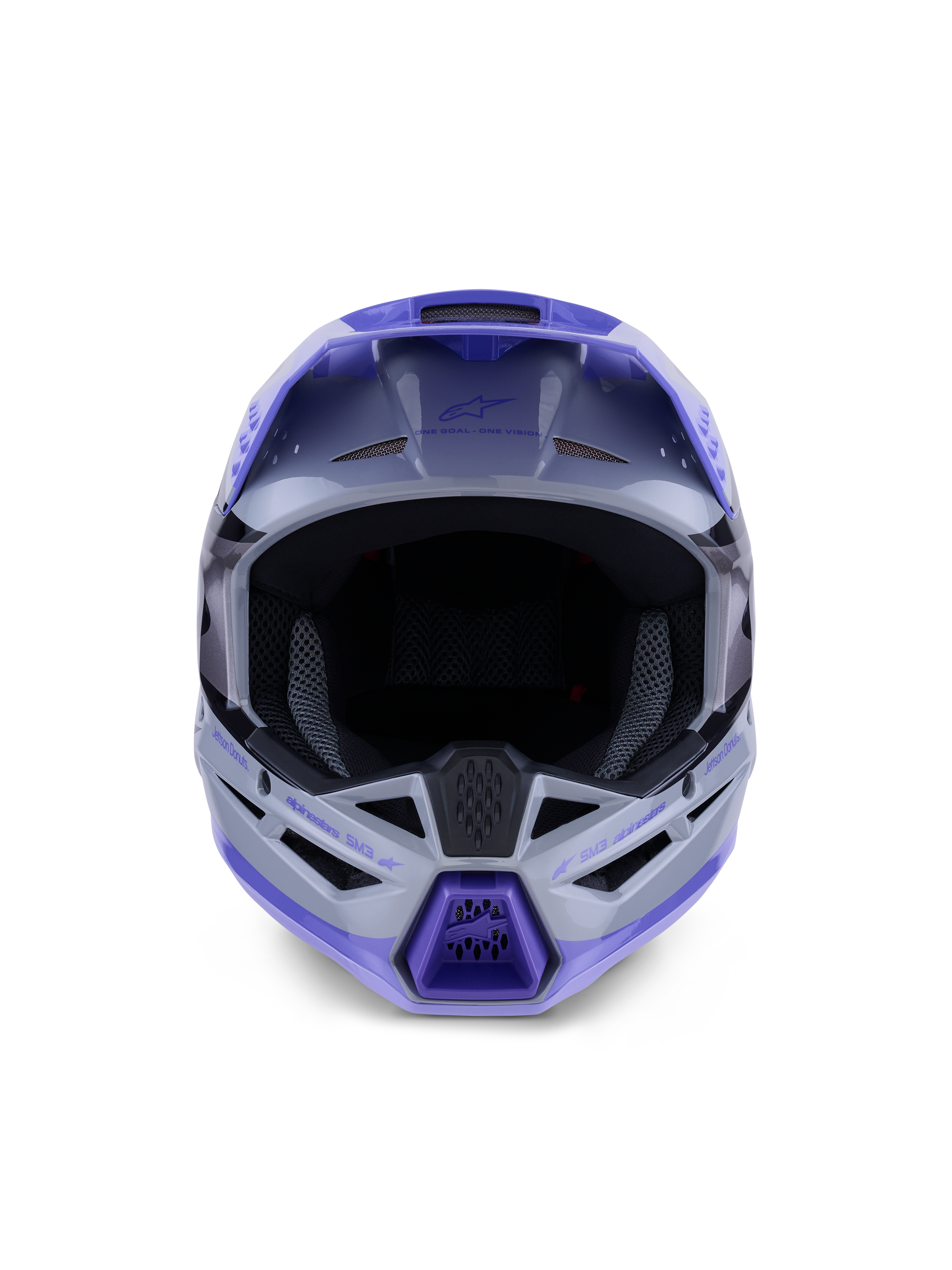Alpinestars S-M3 Jettson helm, motorcrosshelm, glanzend grijs, paars en zwart, vooraanzicht met een brede oogopening en geventileerde kinbeschermer met paarse accenten, gestroomlijnd thermo-geïnjecteerd schaalontwerp voor off-road prestaties