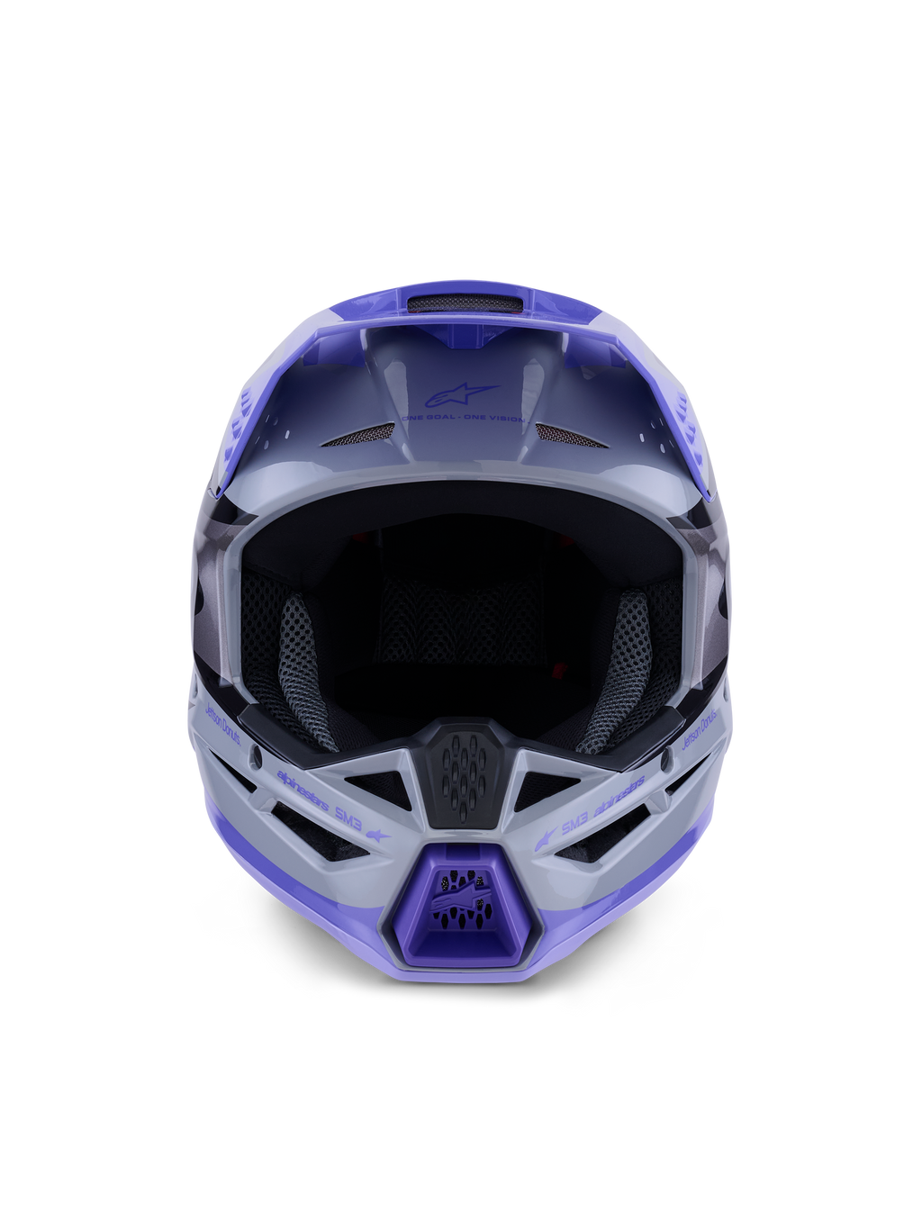 Alpinestars S-M3 Jettson jeugdhelm, motorcrosshelm, grijs, paars en zwarte glanzende afwerking, vooraanzicht met grote opening voor motorcrossbril en geventileerde kinbescherming, professionele off-road hoofdbescherming.