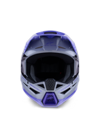 Alpinestars S-M3 Jettson jeugdhelm, motorcrosshelm, grijs, paars en zwarte glanzende afwerking, vooraanzicht met grote opening voor motorcrossbril en geventileerde kinbescherming, professionele off-road hoofdbescherming.