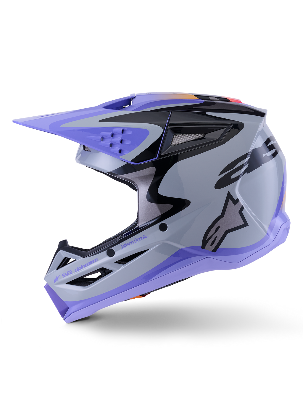 Alpinestars S-M3 Jettson jeugdhelm, motorcrosshelm, grijs, paars en zwart glanzend, met paars vizier en onderste rand, zwarte grafische patronen met logo op de zijkant, professionele hoofdbescherming voor off-road rijden bij de jeugd