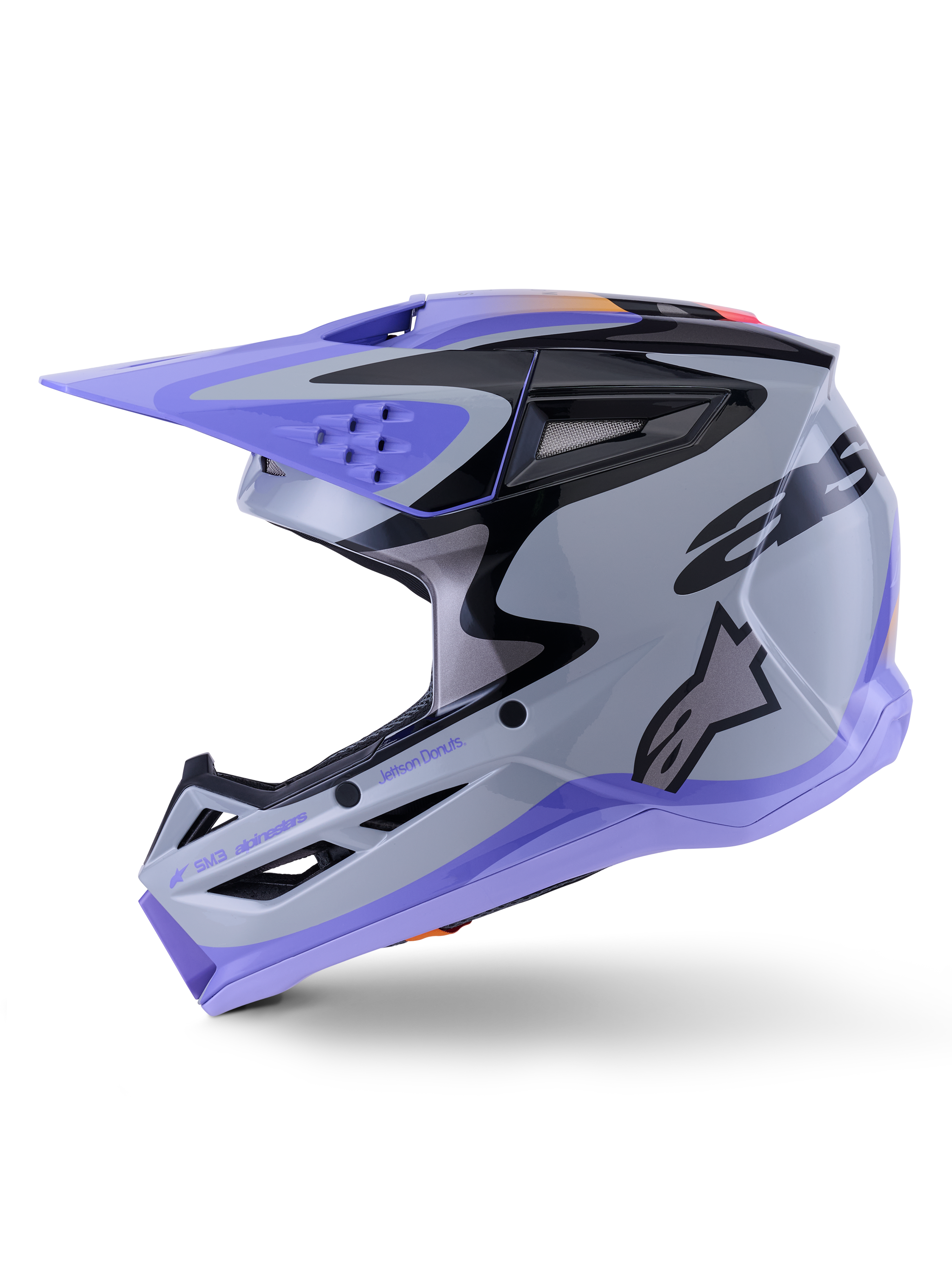 Alpinestars S-M3 Jettson jeugdhelm, motorcrosshelm, grijs, paars en zwart glanzend, met paars vizier en onderste rand, zwarte grafische patronen met logo op de zijkant, professionele hoofdbescherming voor off-road rijden bij de jeugd
