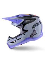 Alpinestars S-M3 Jettson helm, motorcrosshelm, glanzend grijs, paars en zwart, zijaanzicht met strakke graphics en verstelbaar vizier, voorzien van meerdere ventilatieopeningen en Alpinestars-branding, hoogwaardige off-road bescherming