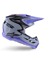 Alpinestars S-M3 Jettson Helm ECE 22.06, motorcrosshelm, grijs, paars en zwart glanzend, zijaanzicht met een paars vizier en kinstuk, slanke aerodynamische schaal met zwarte graphics, meerdere ventilatieopeningen en 'Jettson Donuts' branding aan de zijkant