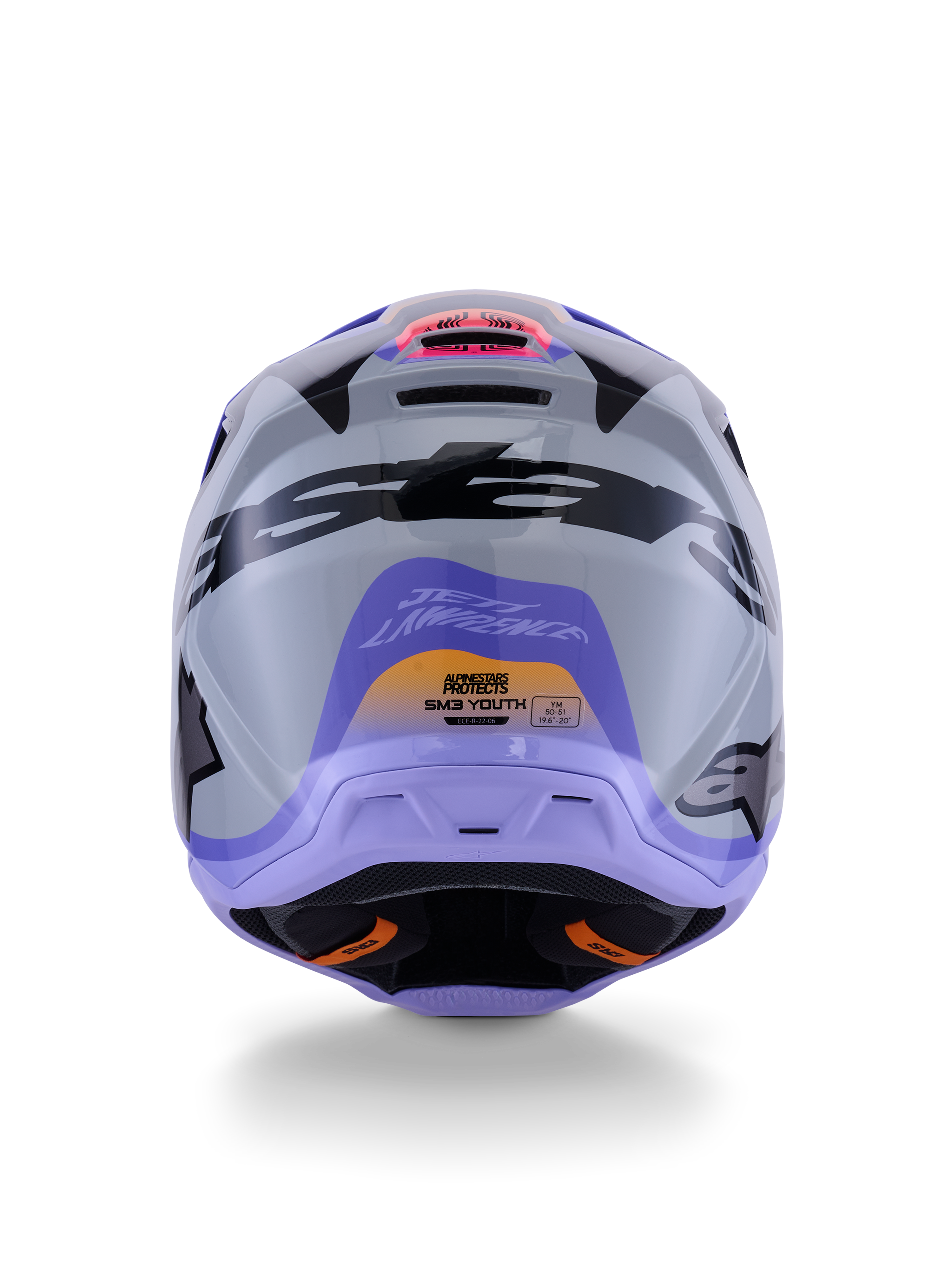 Alpinestars S-M3 Jettson Jeugdhelm ECE 22.06, motorcrosshelm, achteraanzicht in grijs, paars en glanzend zwart, met Jett Lawrence signature graphic, opvallende zwarte branding en ventilatieopeningen, glanzende afwerking voor off-road racing