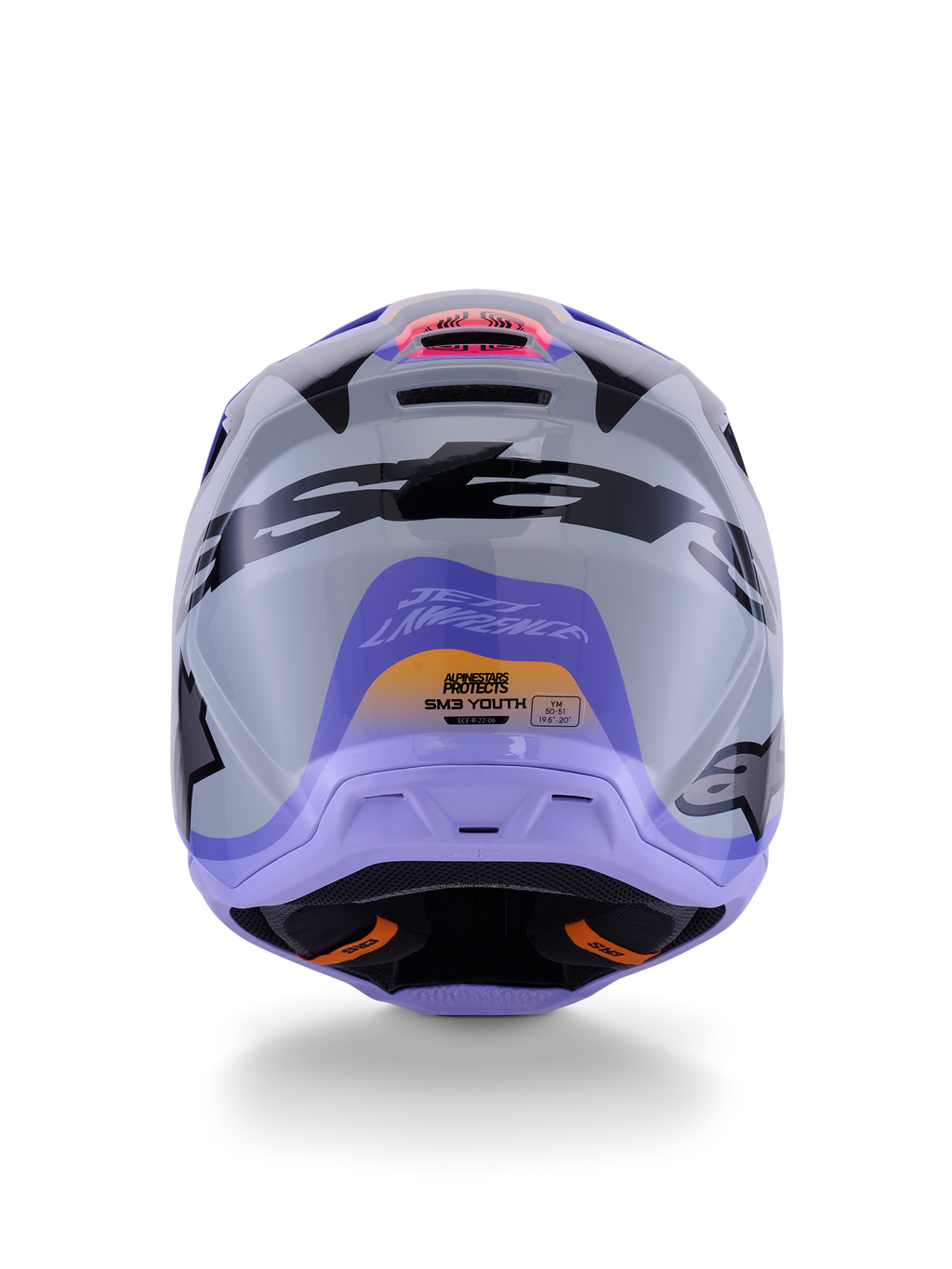 Alpinestars S-M3 Jettson jeugdhelm, achteraanzicht, grijs met paarse en zwarte glanzende graphics, voorzien van Jett Lawrence signature-ontwerp en Alpinestars-logo's, off-road motorcrosshelm