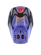 Alpinestars S-M3 Jettson helm, motorcrosshelm, grijs paars zwart glanzend met oranje en roze kleurverlopen, bovenaanzicht met 'Jettson Donuts' graphics en Alpinestars-logo op de klep, glanzende afwerking